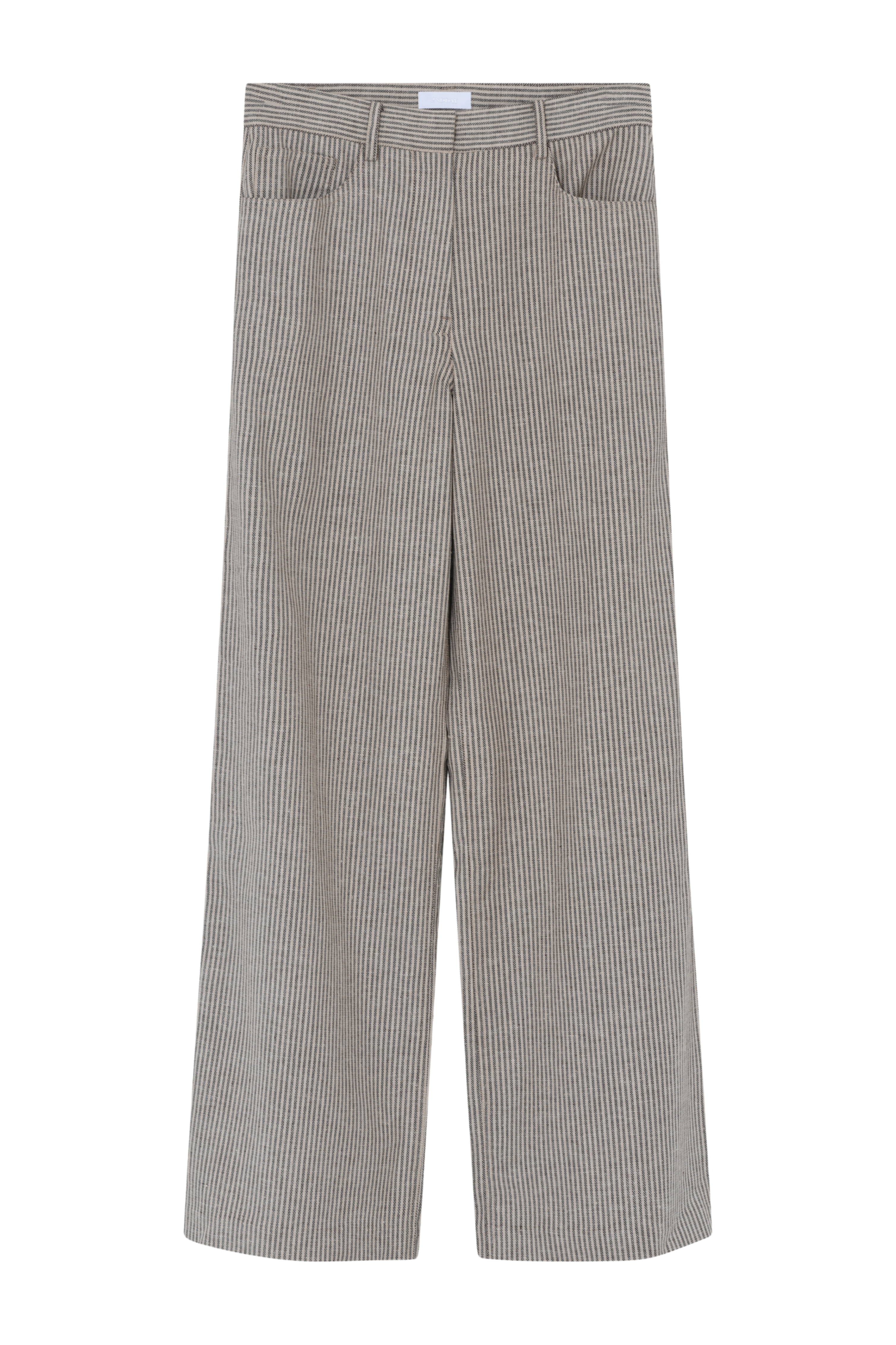 Fin, smuk, elegant, klassisk, staple, feminin, pæn, rå, cool, sej, unik, musthave, hverdag, fest, kvinde, dame, woman, hør, linen, bomudl, cotton, strib, stripe, stribet, nålestrib, lommer, pockets, bæltestropper, blød, soft, bred, vid, vidde, wide, brun, beige, summer, sommer, beach, bali