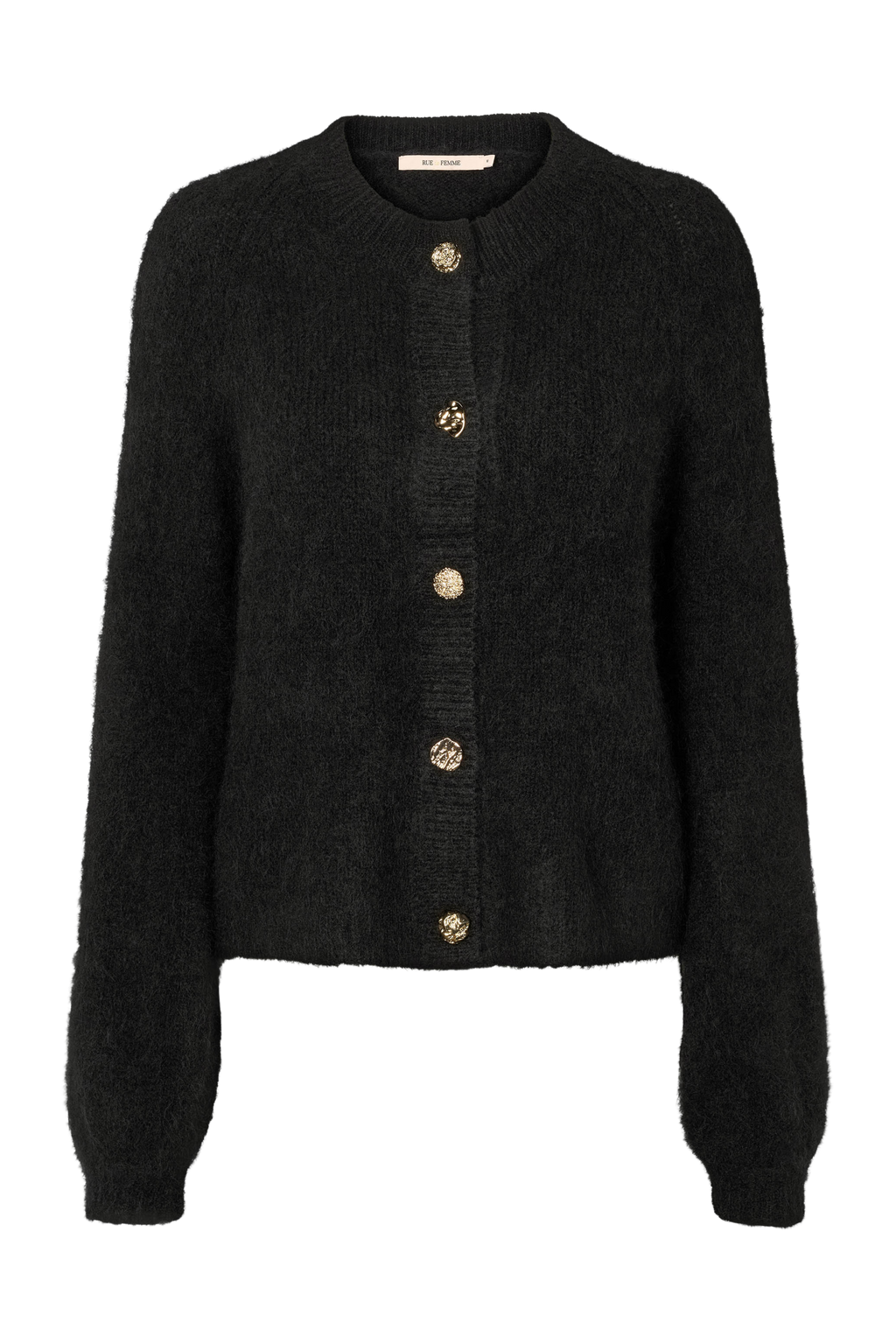 Fin, smuk, elegant, klassisk, staple, feminin, pæn, rå, cool, sej, unik, musthave, hverdag, fest, kvinde, dame, woman, knit, strik, striktrøje, cardigan, strikcardigan, langærmet, blød, soft, langhåret, mohair, alpaca, alpaka, guld, gold, varm, warm, sort, black, klassisk, classic