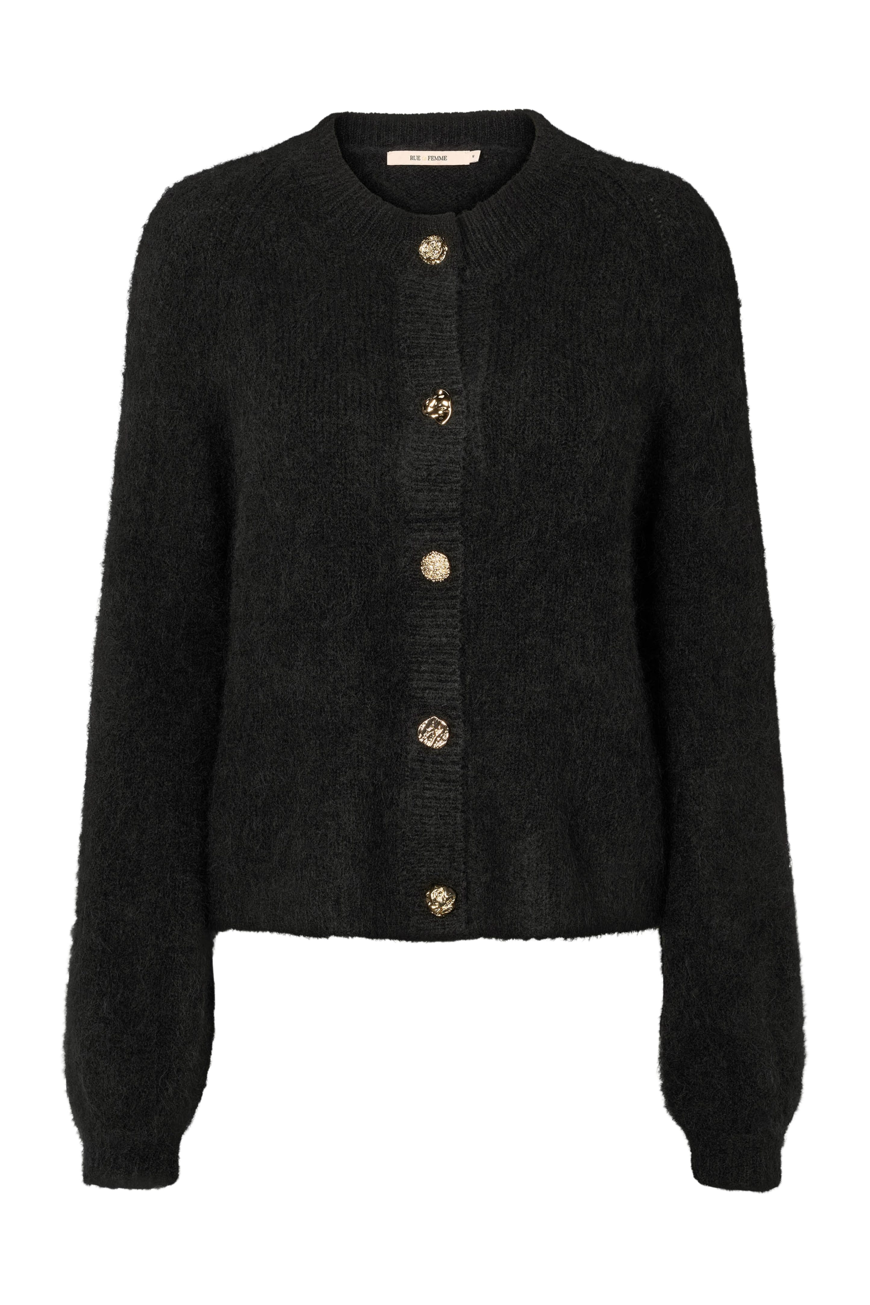 Fin, smuk, elegant, klassisk, staple, feminin, pæn, rå, cool, sej, unik, musthave, hverdag, fest, kvinde, dame, woman, knit, strik, striktrøje, cardigan, strikcardigan, langærmet, blød, soft, langhåret, mohair, alpaca, alpaka, guld, gold, varm, warm, sort, black, klassisk, classic