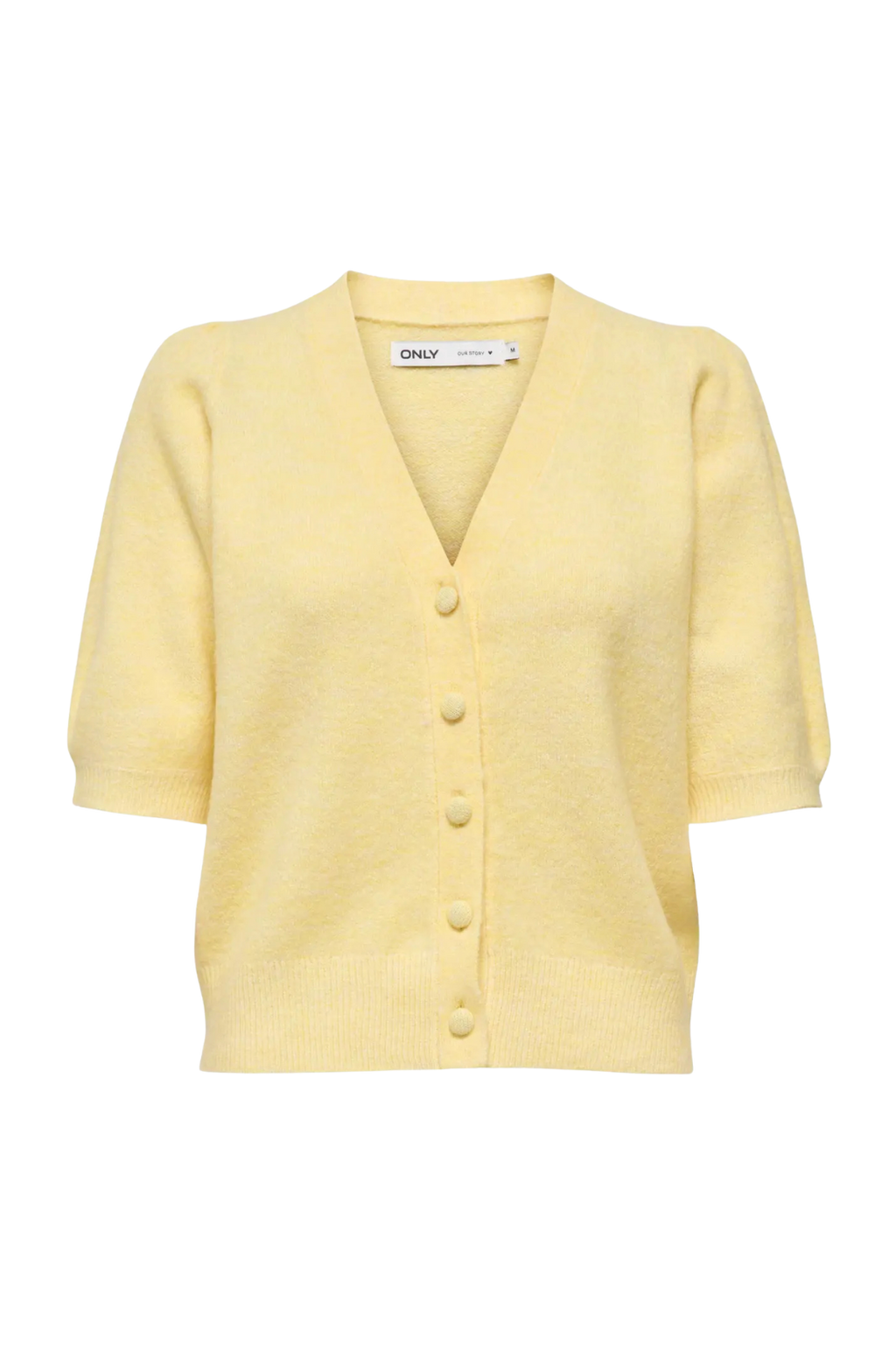 Cardigan, knit, strik, kortærmet, korte ærmer, pufærme, knapper, gul, blød, varm, Fin, smuk, elegant, klassisk, staple, feminin, pæn, rå, cool, sej, unik, musthave, hverdag, fest, kvinde, dame, woman
