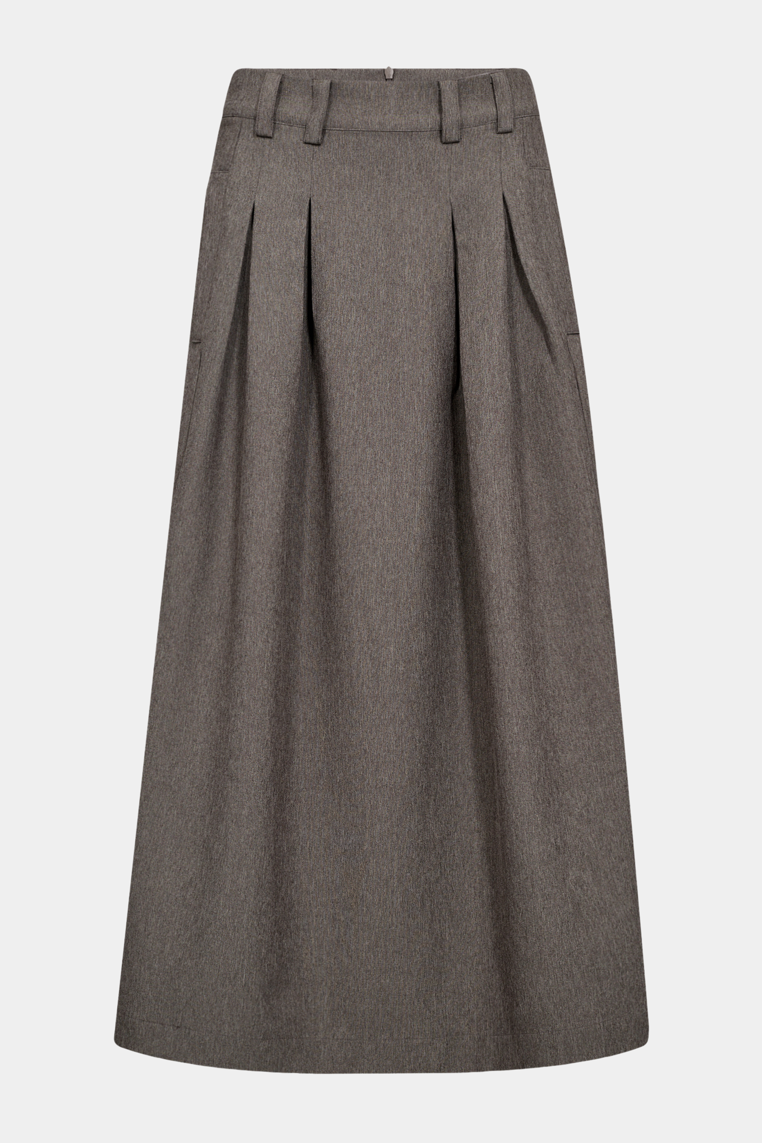 nederdel, skirt, mai, midi, læg, pleat, bæltestropper, løs, loose, a-shape, meleret, melange, brun, brown, greige, taupe, elegant, fin, feminin, hverdag, fest, let, kvinde, dame, woman
