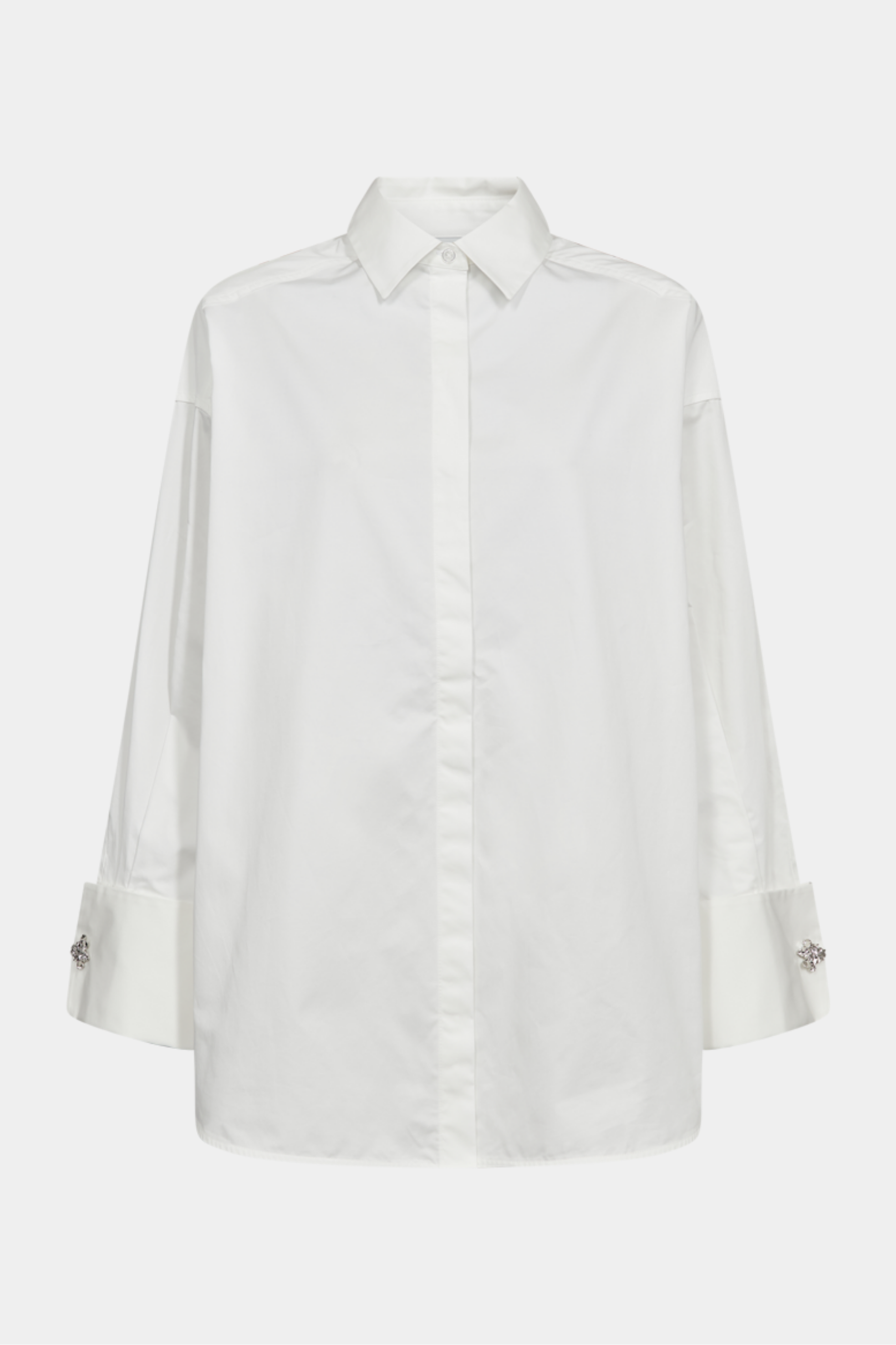 skjorte, shirt, hvid, bomuld, oversize, løstsiddende, knapper, sten, glimmer, glitter, Fin, smuk, elegant, klassisk, staple, feminin, pæn, rå, cool, sej, unik, musthave, hverdag, fest, kvinde, dame, woman
