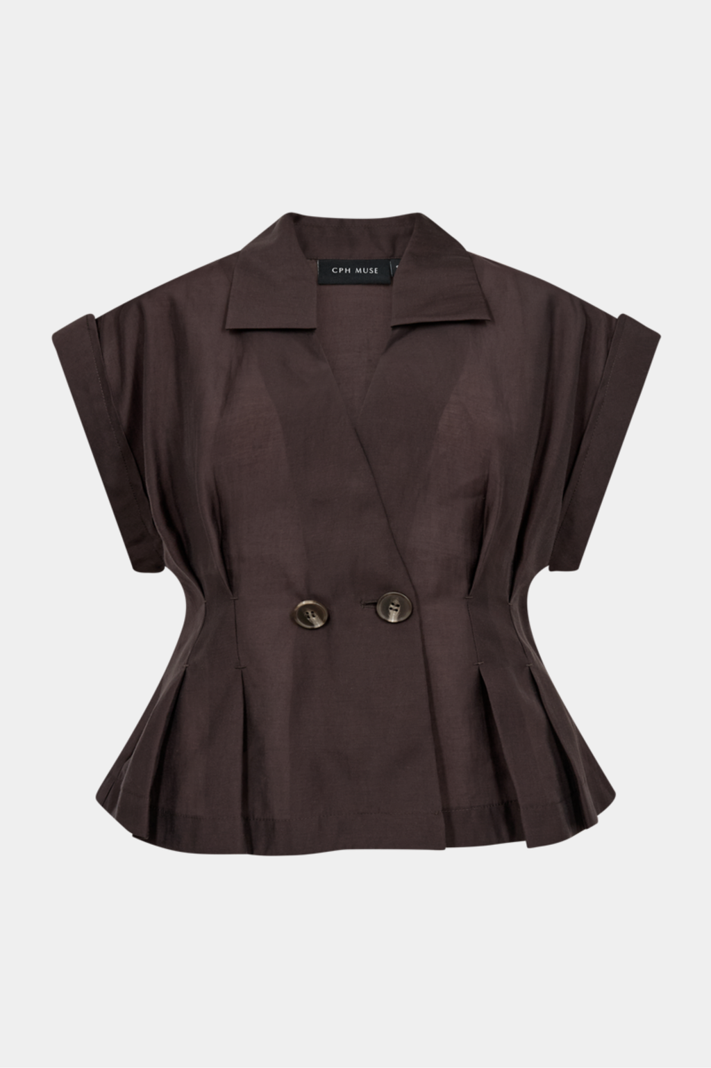 skjorte, shirt, overdel, knapper, indsnit, læg, tætsiddende, knapper, krave, brun, mørkebrun, brown, Fin, smuk, elegant, klassisk, staple, feminin, pæn, rå, cool, sej, unik, musthave, hverdag, fest, kvinde, dame, woman
