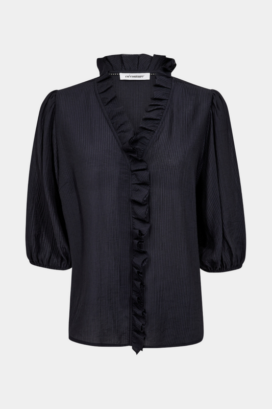 bluse, blouse, skjorte, shirt, flæser, frill navy, blå,  Fin, smuk, elegant, klassisk, staple, feminin, pæn, rå, cool, sej, unik, musthave, hverdag, fest, kvinde, dame, woman
