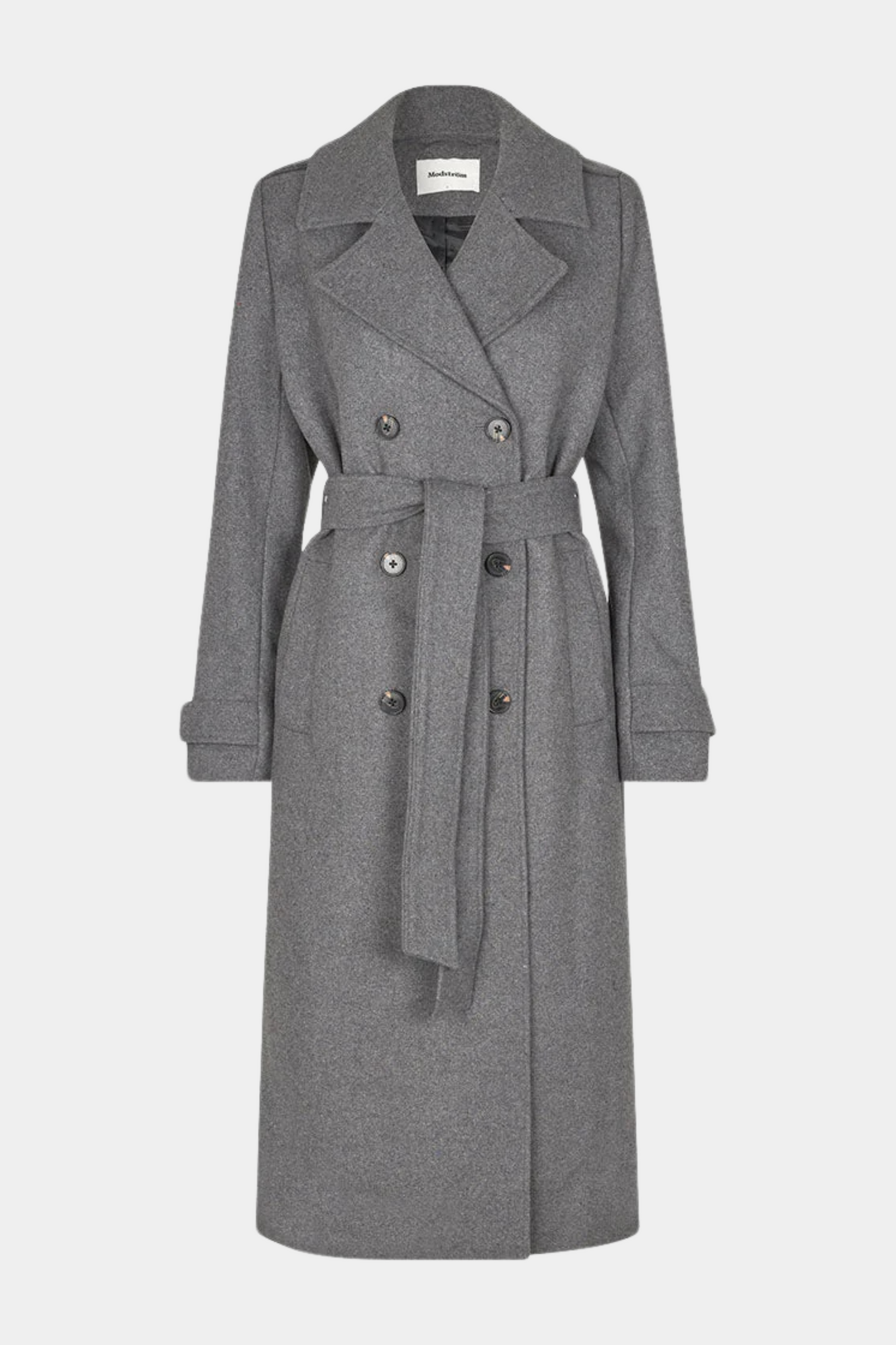 jakke, frakke, overtøj, trenchcoat, uld, wool, uldfrakke, bindebånd, bælte, talje, grå, grey, gråmelange, melange, meleret, blød, soft, warm, varm, efterårsjakke, overgangjakke, forårsjakke, vinterjakke, kvinde, dame, woman, klassisk, elegant, fin, feminin