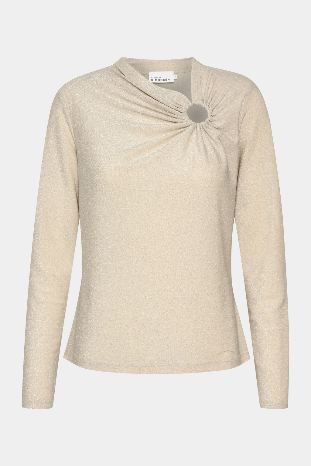 bluse, top, blouse, shirt, langærmet, beige, light, creme, glimmer, glitter, hul, stretch, elastik, tætsiddende, løs, loose, blød, soft, elegant, fin, feminin, hverdag, fest, kvinde, dame, woman