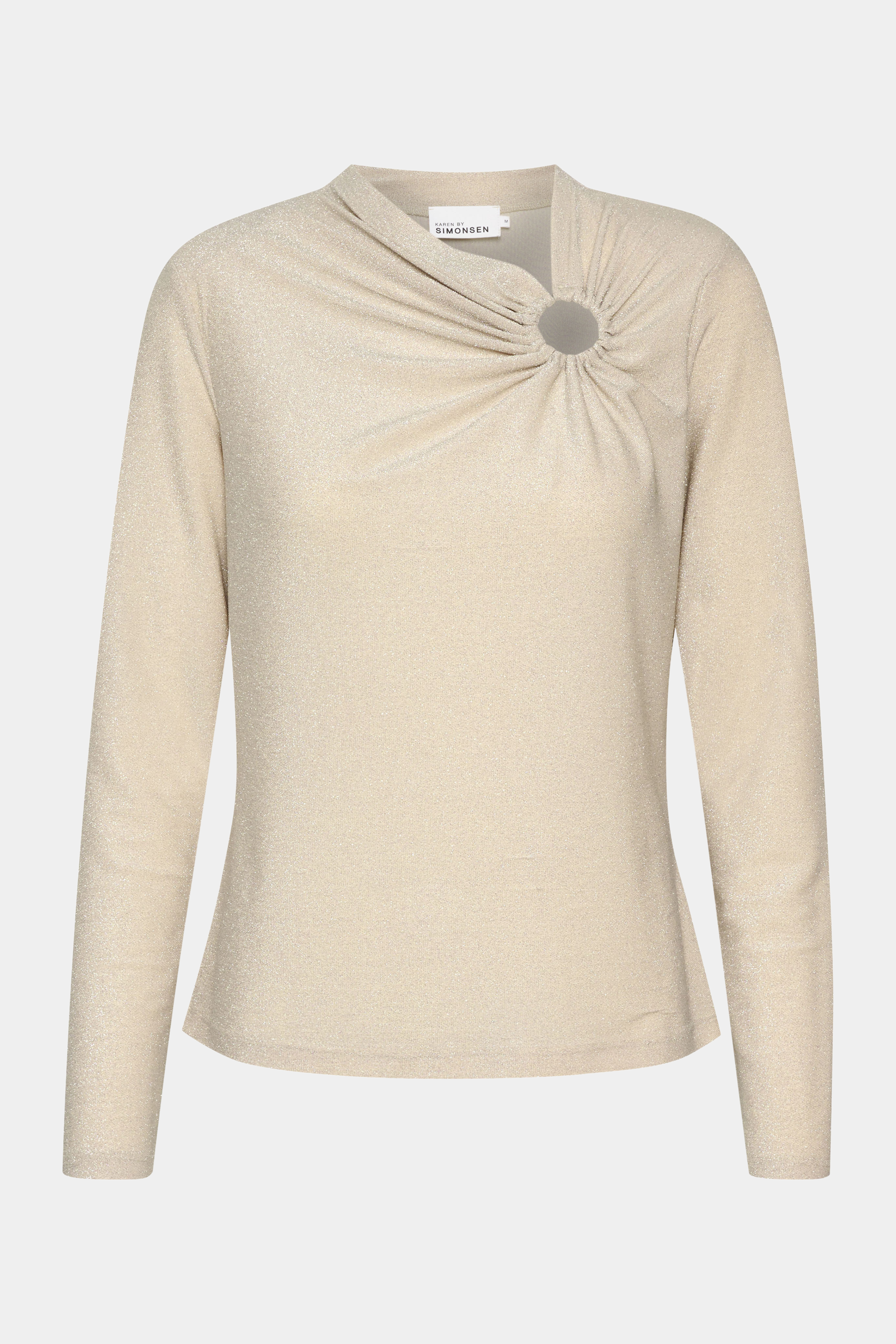 bluse, top, blouse, shirt, langærmet, beige, light, creme, glimmer, glitter, hul, stretch, elastik, tætsiddende, løs, loose, blød, soft, elegant, fin, feminin, hverdag, fest, kvinde, dame, woman