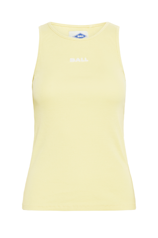 top, tanktop, overdel, gul, lysegul, yellow, logo, brodering Fin, smuk, elegant, klassisk, feminin, pæn, rå, cool, sej, unik, musthave, hverdag, fest
