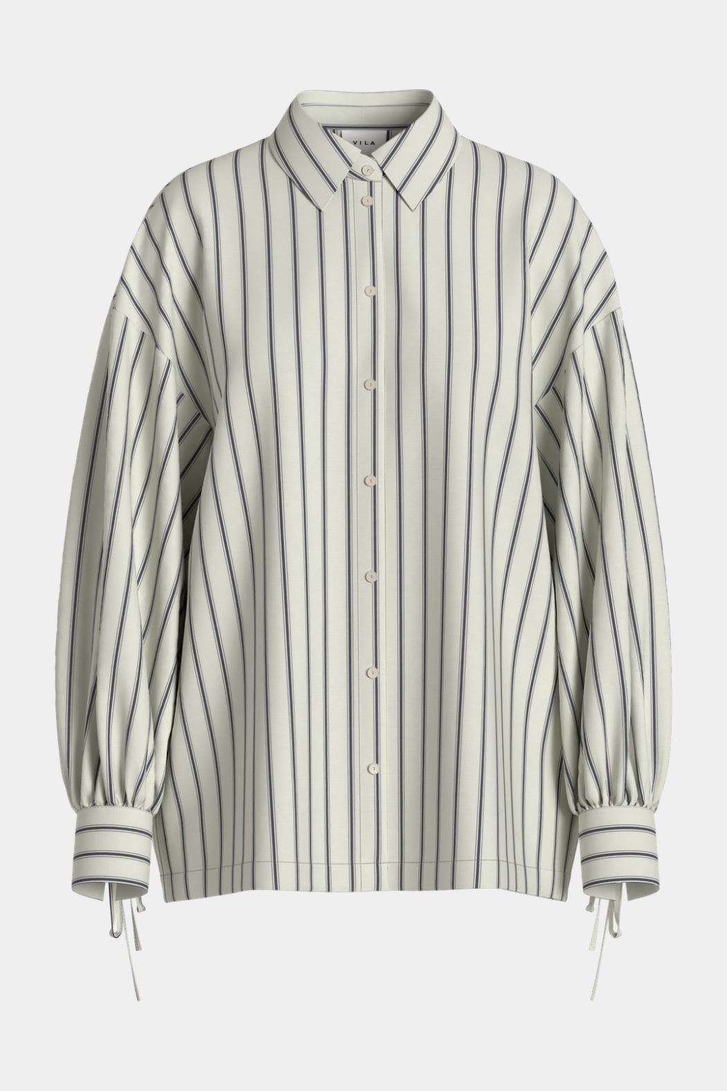 skjorte, shirt, blouse, skjortebluse, hvid, white, råhvid, beige, stribet, stripe, mørkeblå, navy, pinstripe, nålestrib, oversize, løs, loose, cool, hverdag, elegant, fin, feminin, bindebånd, sløjfe, kvinde, dame, woman