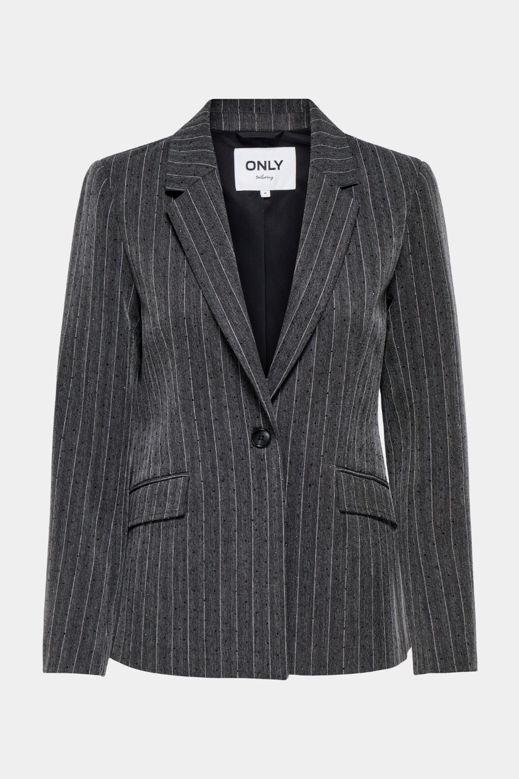 jakke, blazerjakke, habitjakke, blazer, striber, stribet, nålestribet, sten, rhinsten, glimmer, glitter, grå, Fin, smuk, elegant, klassisk, staple, feminin, pæn, rå, cool, sej, unik, musthave, hverdag, fest, kvinde, dame, woman
