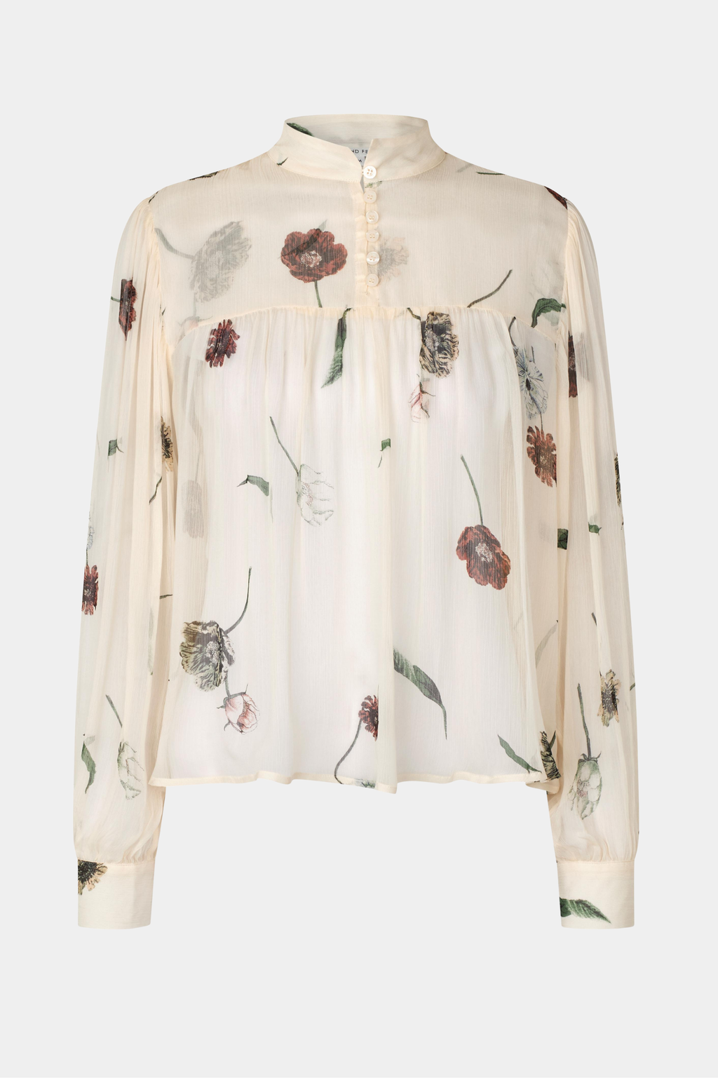 bluse, blouse, skjorte, shirt, knapper, print, blomster, råhvid, offwhite, Fin, smuk, elegant, klassisk, staple, feminin, pæn, rå, cool, sej, unik, musthave, hverdag, fest, kvinde, dame, woman
