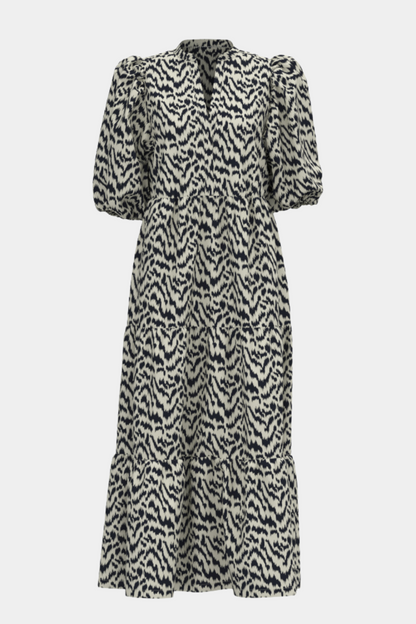 kjole, dress, maxi, maxikjole, maxidress, lang, long, print, dyreprint, zebra, kortærmet, puf, v-hals, løs, loose, sommerkjole, elegant, fin, feminin, hverdag, fest, festkjole, sommerkjole, kvinde, dame, woman