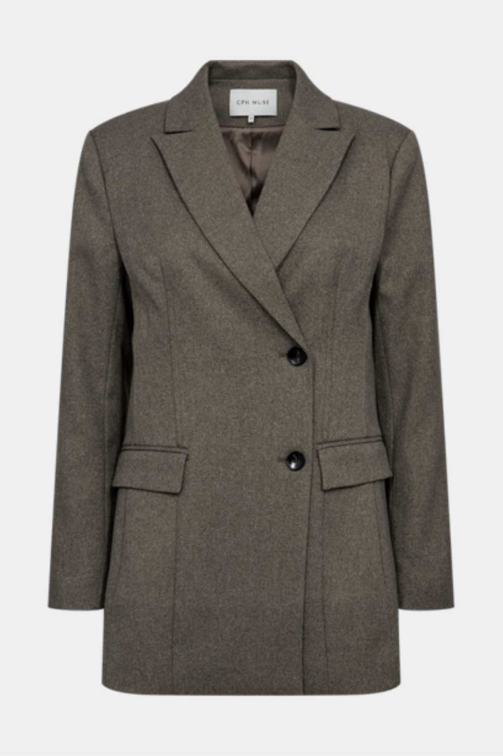 blazer, blazerjakke, habitjakke, brun melange, knapper, asymetrisk, lang, oversize, Fin, smuk, elegant, klassisk, staple, feminin, pæn, rå, cool, sej, unik, musthave, hverdag, fest, kvinde, dame, woman
