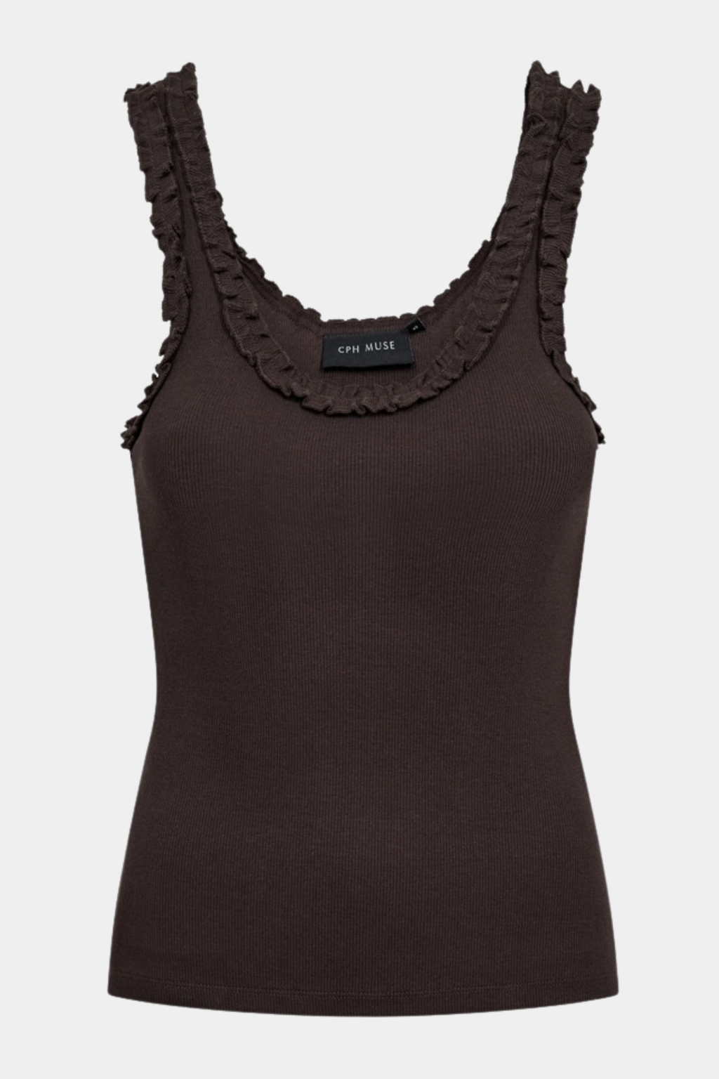 Fin, smuk, elegant, klassisk, staple, feminin, pæn, rå, cool, sej, unik, musthave, hverdag, fest, kvinde, dame, woman, top, bluse, strop top, stropper, flæser, floss, frill, brun, brown, mørkebrun, chokolade, chocolate, tætsiddende, tight, slim, rib, sommertop, summer