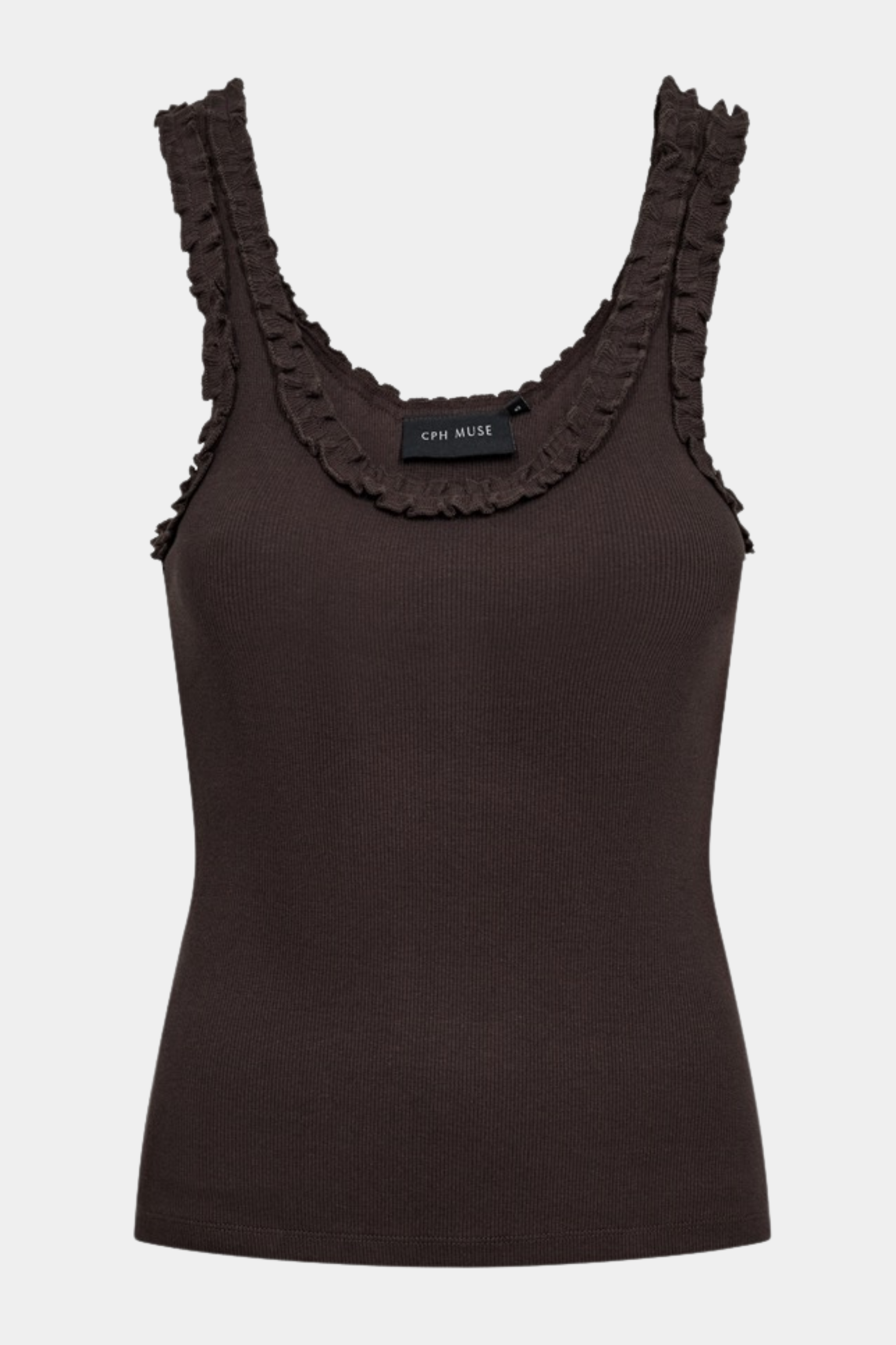 Fin, smuk, elegant, klassisk, staple, feminin, pæn, rå, cool, sej, unik, musthave, hverdag, fest, kvinde, dame, woman, top, bluse, strop top, stropper, flæser, floss, frill, brun, brown, mørkebrun, chokolade, chocolate, tætsiddende, tight, slim, rib, sommertop, summer