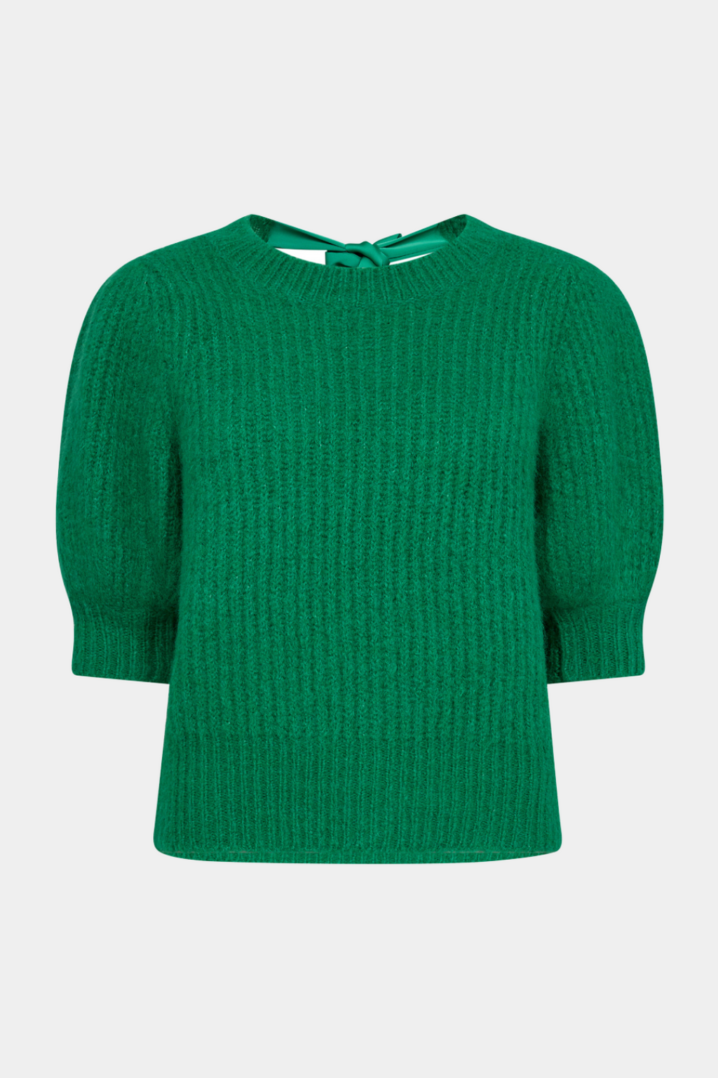 strik, knit, rib, grøn, green, bindebånd, sløjfe, bow, silkebånd, kortærmet, fin, smuk, elegant, klassisk, feminin, pæn, rå, cool, sej, unik, musthave, hverdag, fest, varm, blød