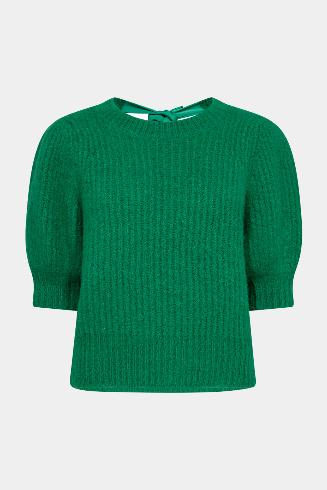 strik, knit, rib, grøn, green, bindebånd, sløjfe, bow, silkebånd, kortærmet, fin, smuk, elegant, klassisk, feminin, pæn, rå, cool, sej, unik, musthave, hverdag, fest, varm, blød