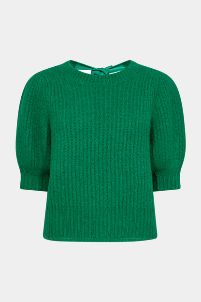 strik, knit, rib, grøn, green, bindebånd, sløjfe, bow, silkebånd, kortærmet, fin, smuk, elegant, klassisk, feminin, pæn, rå, cool, sej, unik, musthave, hverdag, fest, varm, blød