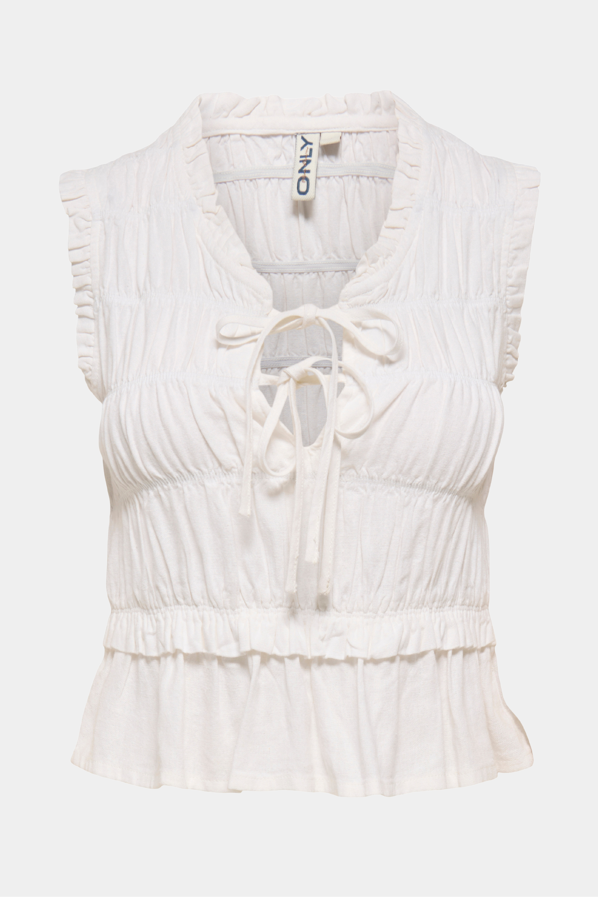 top, overdel, bluse, uden ærmer, fræser, smok, elastik, bindebånd, sommer, sol, Fin, smuk, elegant, klassisk, staple, feminin, pæn, rå, cool, sej, unik, musthave, hverdag, fest, kvinde, dame, woman
