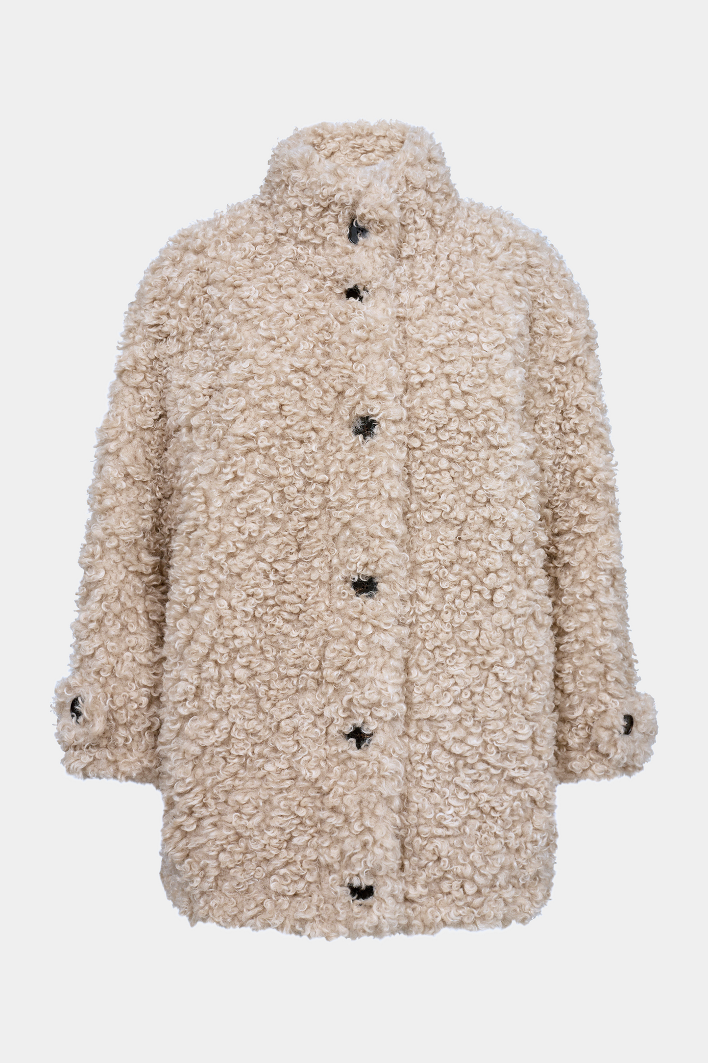 jakke, frakke, teddy, blød, soft, beige, brun, knapper, oversize, løs, cool, hverdag, fin, fest, elegant, kvinde, dame, woman, varm, warm, efterårsjakke, frakke, overgangsjakke
