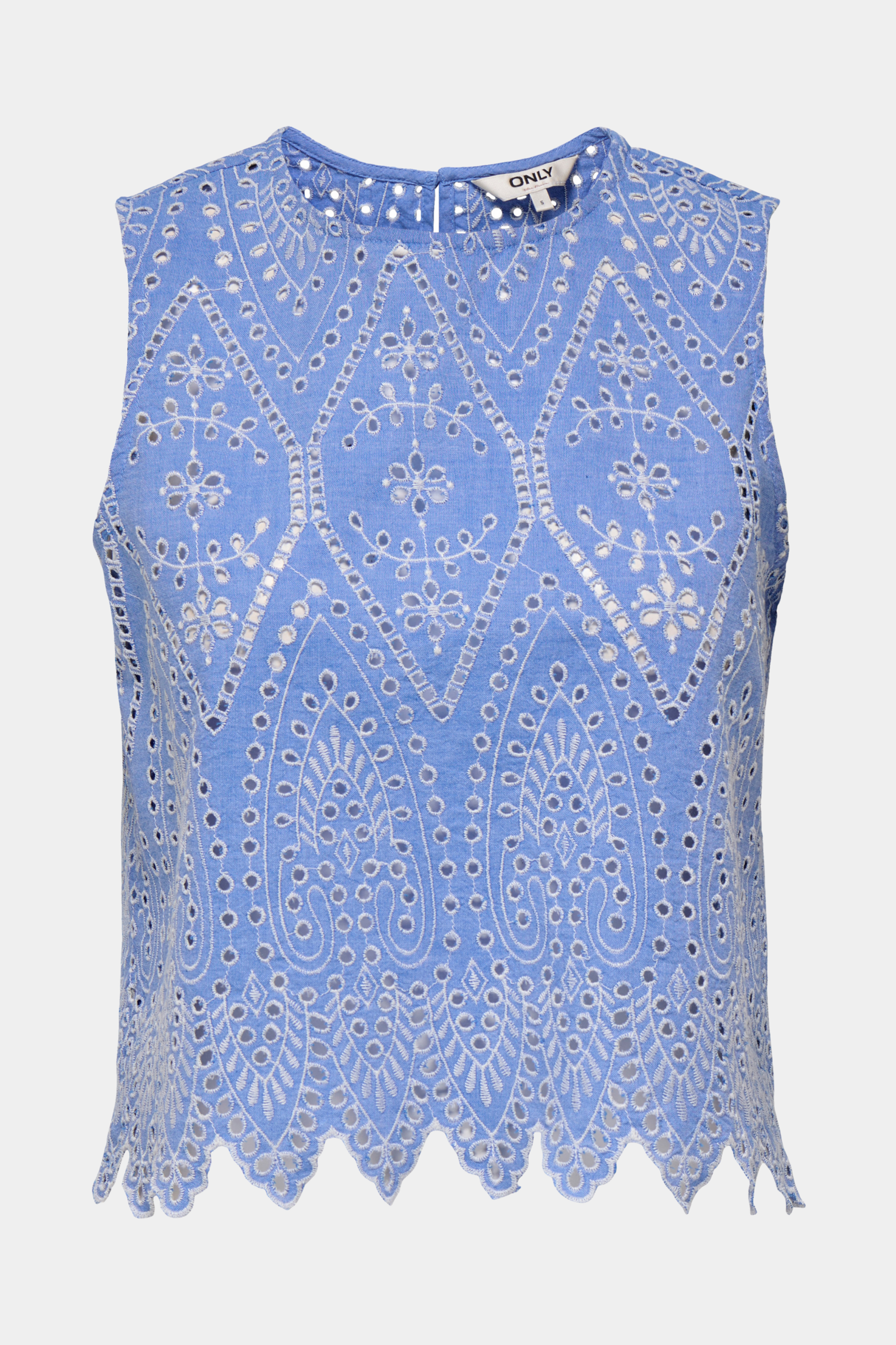 top, bluse, broderi, broderianglaise, blå, kort, udenærmer, fin, smuk, elegant, klassisk, feminin, pæn, rå, cool, sej, unik, musthave, hverdag, fest