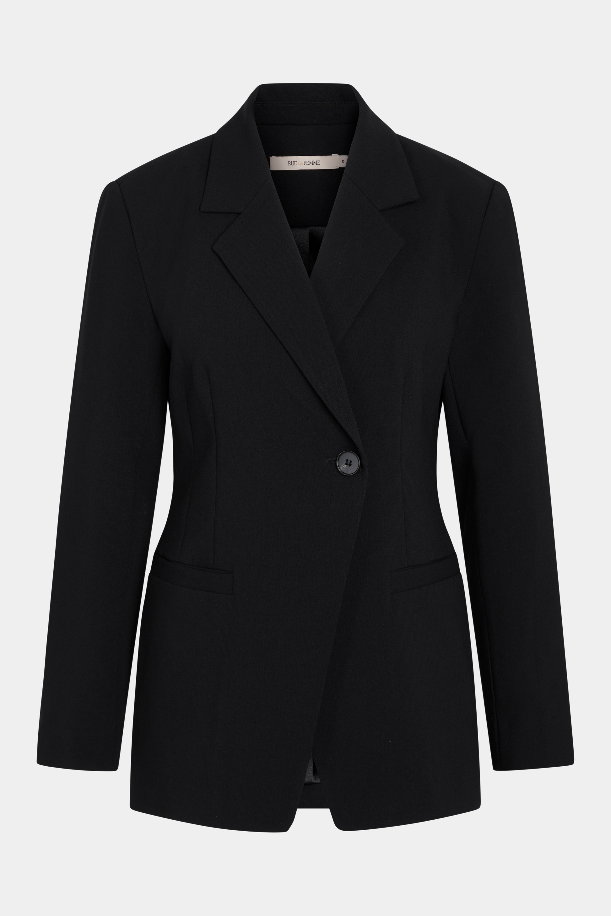 jakke, frakke, blazer, blazerjakke, habitjakke, sort, black, asymmetrisk, elegant, fin, feminin, hverdag, fest, business, arbejde, job, work, kvinde, dame, woman