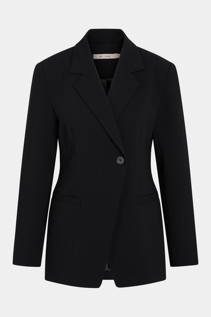 jakke, frakke, blazer, blazerjakke, habitjakke, sort, black, asymmetrisk, elegant, fin, feminin, hverdag, fest, business, arbejde, job, work, kvinde, dame, woman