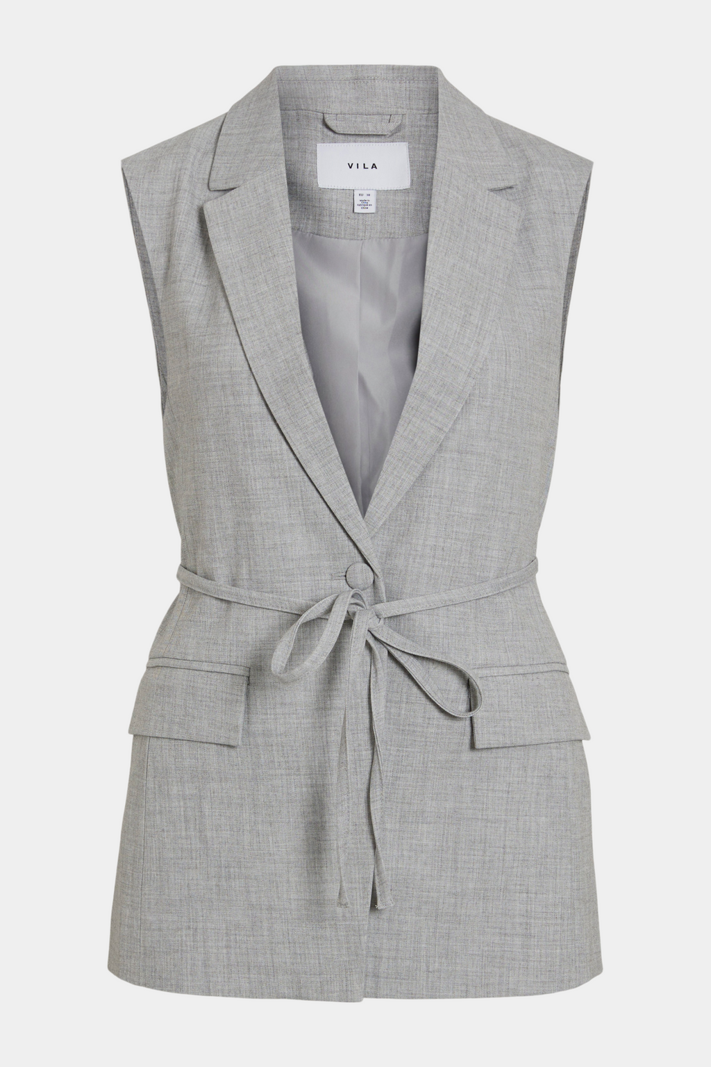 vest, waistcoat, grå, gråmelange, lysegrå, gråmeleret, meleret, melange, bindebånd, bælte, talje, snor, lommer, taljeret, tailored, lommer, elegant, fin, feminin, hverdag, fest, arbejde, work, business, job, suit, suiting, kvinde, dame, woman