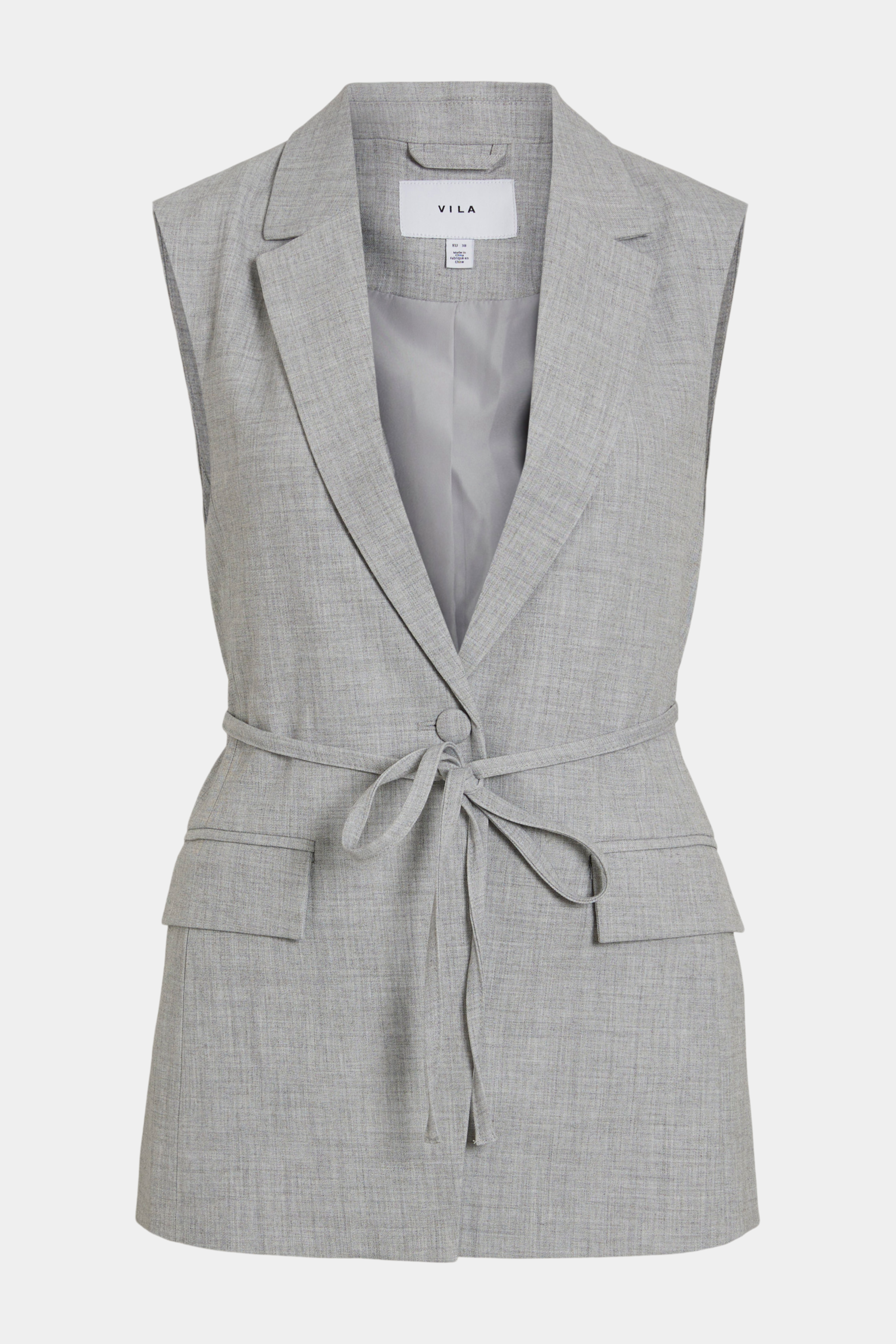vest, waistcoat, grå, gråmelange, lysegrå, gråmeleret, meleret, melange, bindebånd, bælte, talje, snor, lommer, taljeret, tailored, lommer, elegant, fin, feminin, hverdag, fest, arbejde, work, business, job, suit, suiting, kvinde, dame, woman