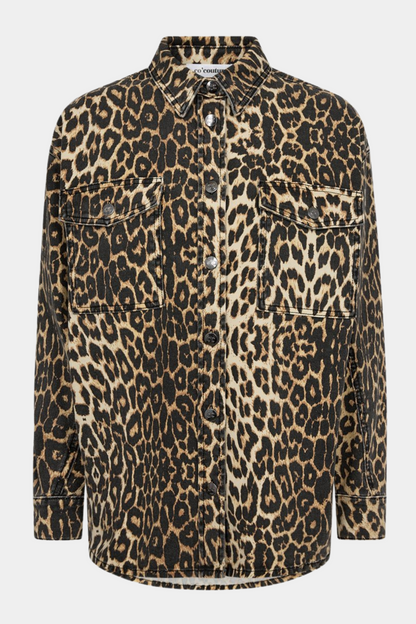 skjorte, shirt, overshirt, oversize, løs, loose, stor, leo, leopard, print, denim, lommer, brystlommer, cool, rå, jakke, frakke, blød, soft, stetchy, stræk, let, hverdag, fest, kvinde, dame, woman