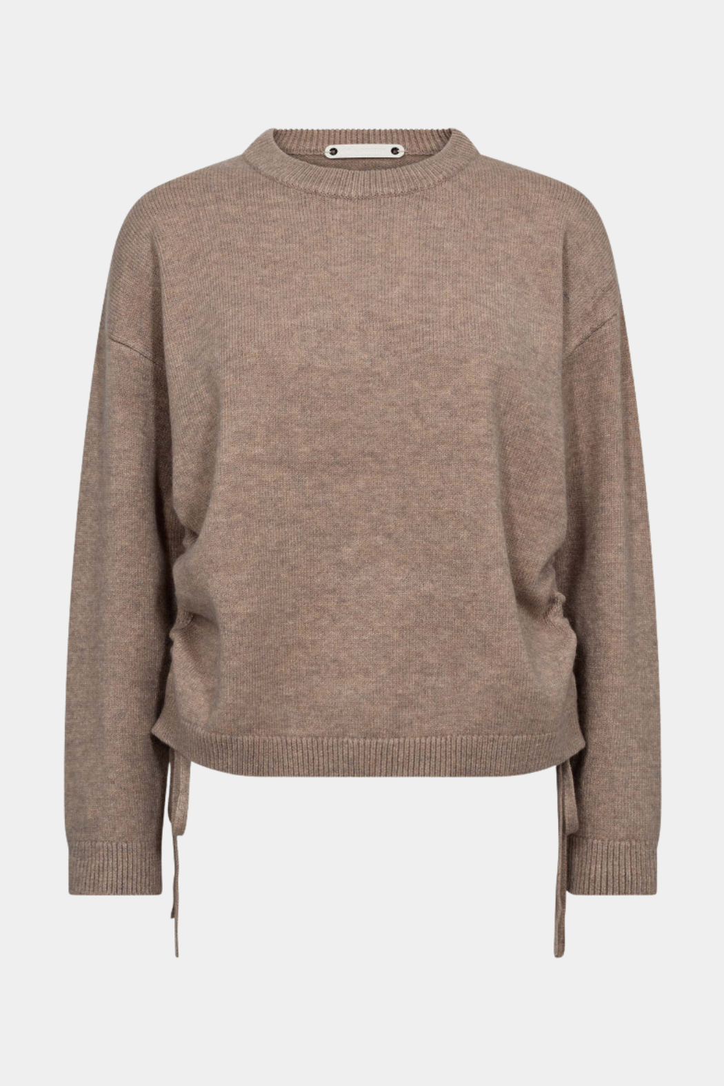 strik knit, beige, melange, snører, rund hals, varm, blød, Fin, smuk, elegant, klassisk, staple, feminin, pæn, rå, cool, sej, unik, musthave, hverdag, fest, kvinde, dame, woman
