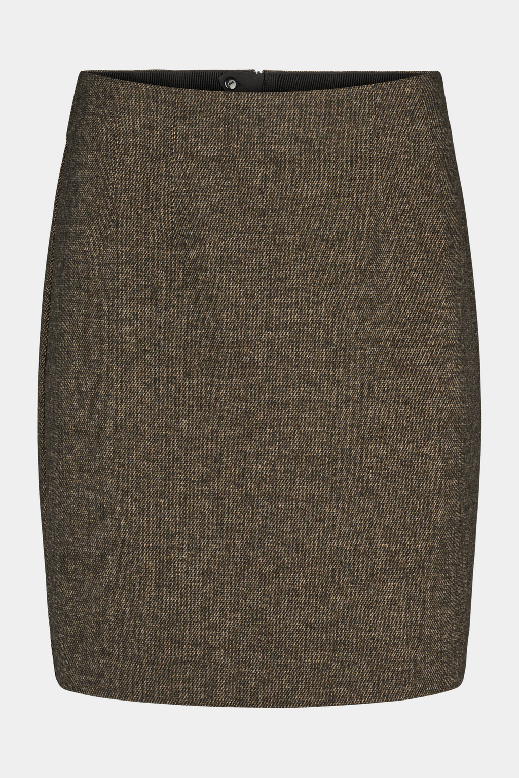 Fin, smuk, elegant, klassisk, staple, feminin, pæn, rå, cool, sej, unik, musthave, hverdag, fest, kvinde, dame, woman, nederdel, skirt, pencil, pencilskirt, knælang, mellemlang, midi, classic, klassisk, tweed, uld, wool, brun, brown, meleret, melange, staple, old money