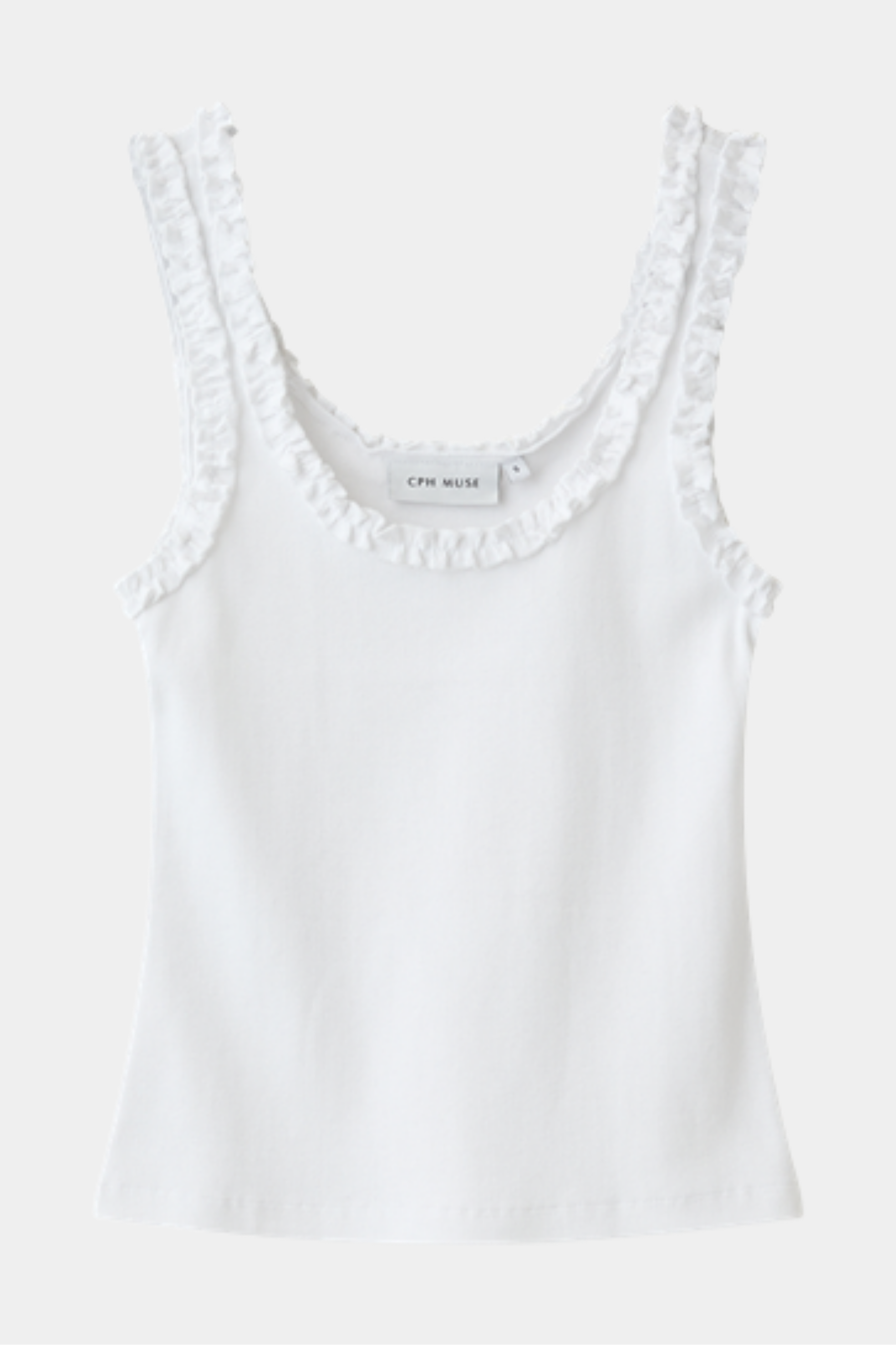 Fin, smuk, elegant, klassisk, staple, feminin, pæn, rå, cool, sej, unik, musthave, hverdag, fest, kvinde, dame, woman, top, bluse, strop top, stropper, flæser, floss, frill, hvid, white, tætsiddende, tight, slim, rib, sommertop, summer