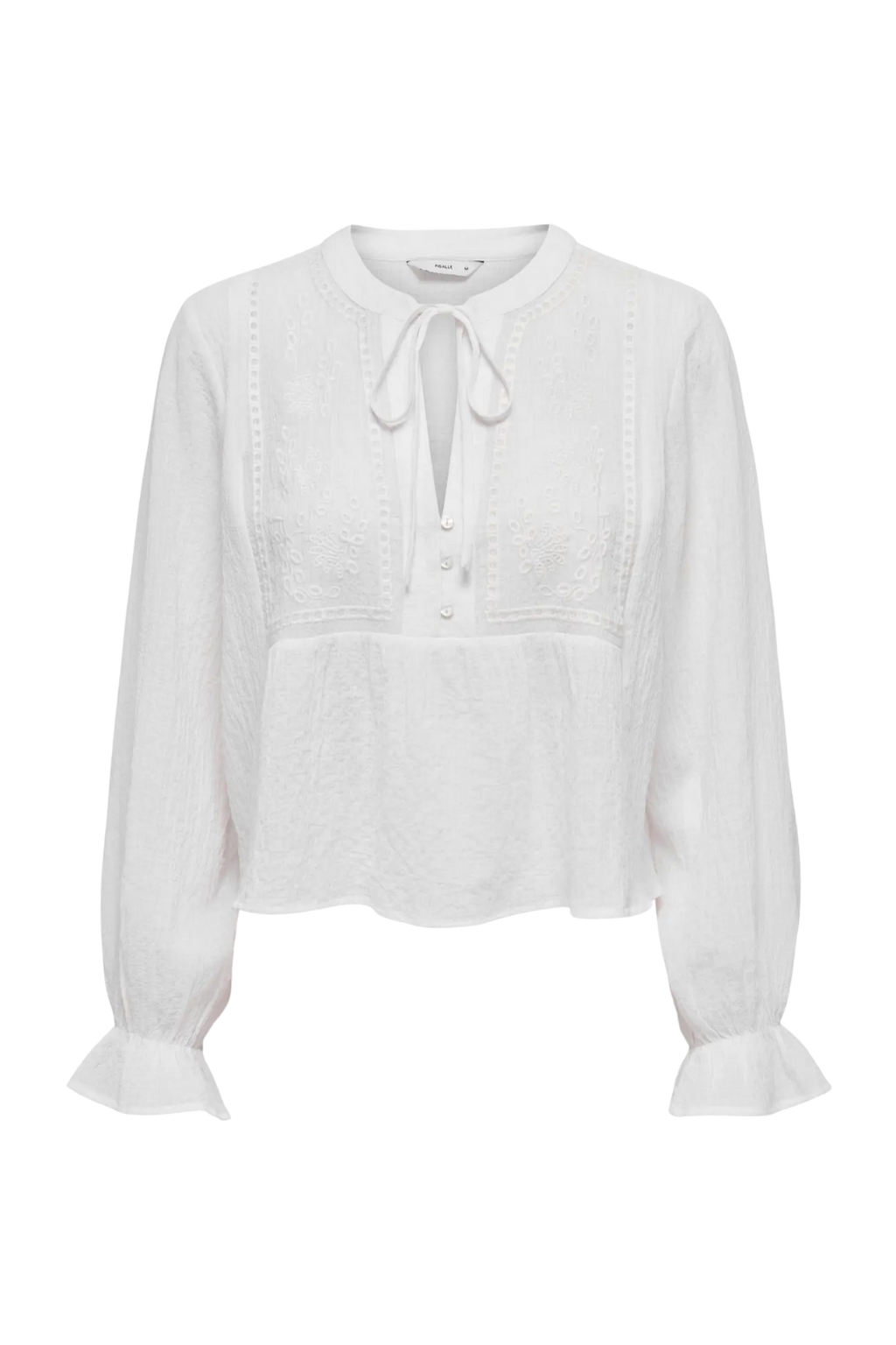 skjorte, shirt, bluse, blouse, broderi, bindebånd, knapper, hvid, let, luftig Fin, smuk, elegant, klassisk, staple, feminin, pæn, rå, cool, sej, unik, musthave, hverdag, fest, kvinde, dame, woman
