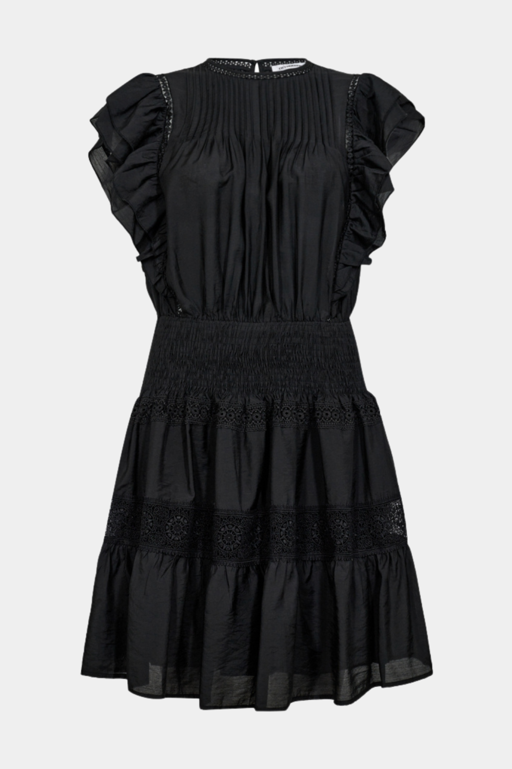 kjole, dress, black, sort, flæser, flæse, blonde, lace, frill, smok, elastik, Fin, smuk, elegant, klassisk, feminin, pæn, rå, cool, sej, unik, musthave, hverdag, fest 