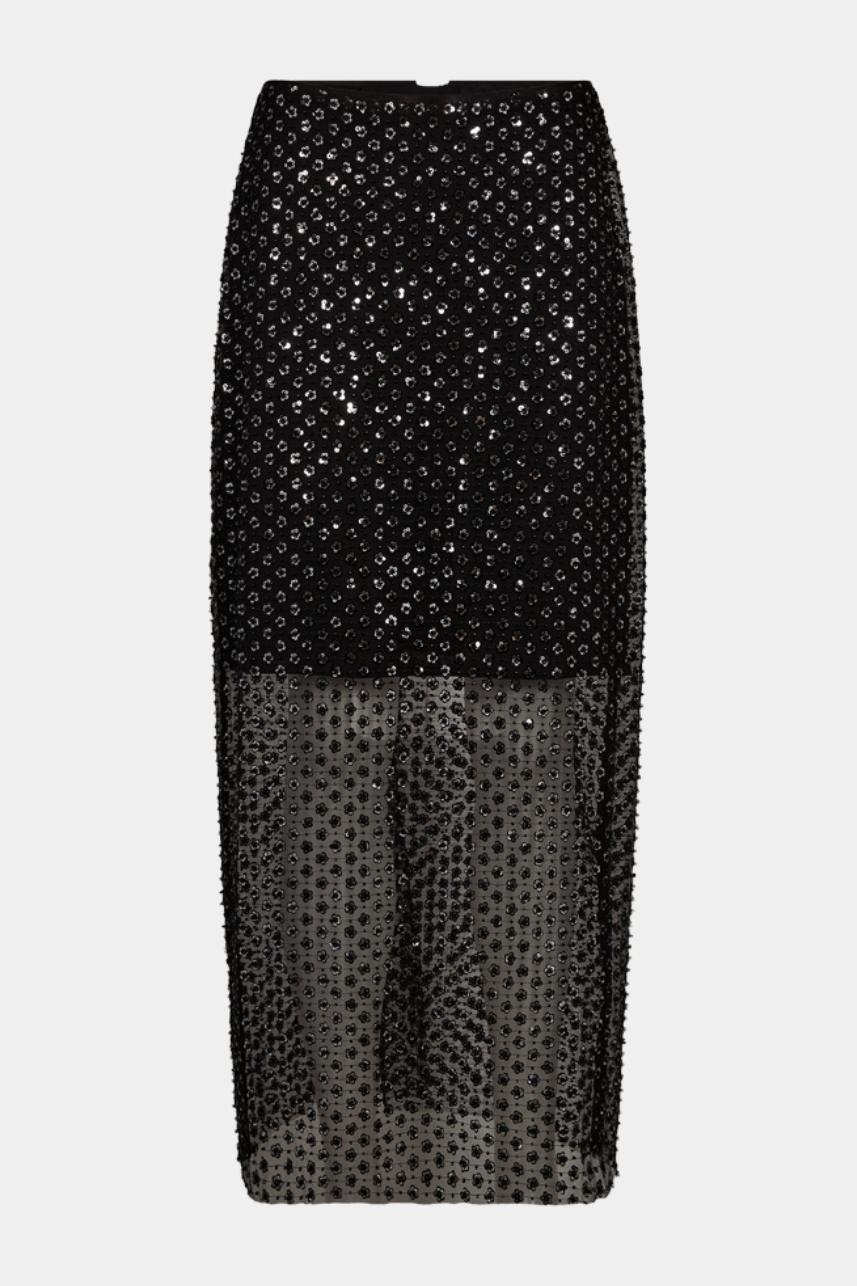 Fin, smuk, elegant, klassisk, staple, feminin, pæn, rå, cool, sej, unik, musthave, hverdag, fest, kvinde, dame, woman, nederdel, skit, maxi, midi, mesh, gennemsigtig, see through, pailletter, glimmer, glitter, sølv, silver, sort, black, foret, løs, loose, party