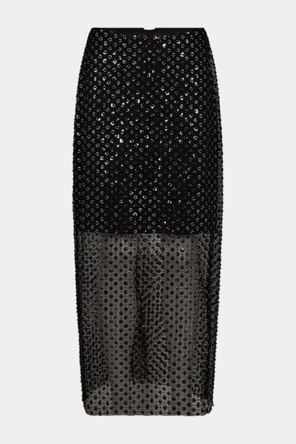 Fin, smuk, elegant, klassisk, staple, feminin, pæn, rå, cool, sej, unik, musthave, hverdag, fest, kvinde, dame, woman, nederdel, skit, maxi, midi, mesh, gennemsigtig, see through, pailletter, glimmer, glitter, sølv, silver, sort, black, foret, løs, loose, party