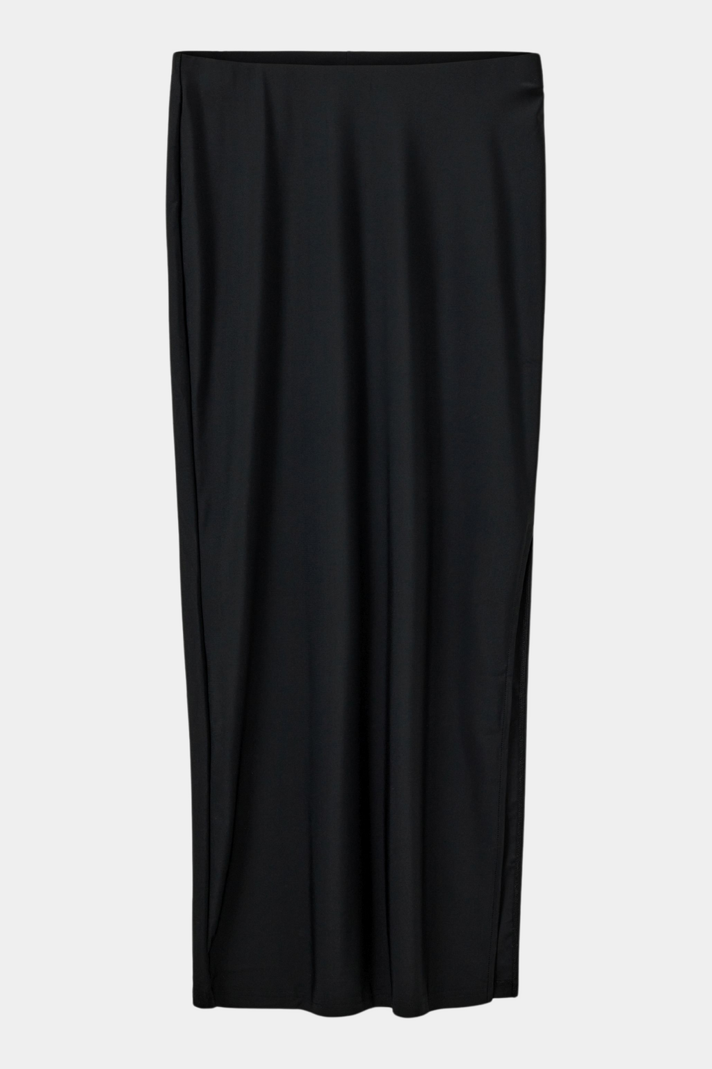 nederdel, skirt, maxi, maxiskirt, lang, long, sort, black, shiny, satin, sateen, stretch, stretchy, elastik, stræk, blød, soft, hverdag, fin, fest, staple, basic, basis, elegant, feminin, sommer, kvinde, dame, woman
