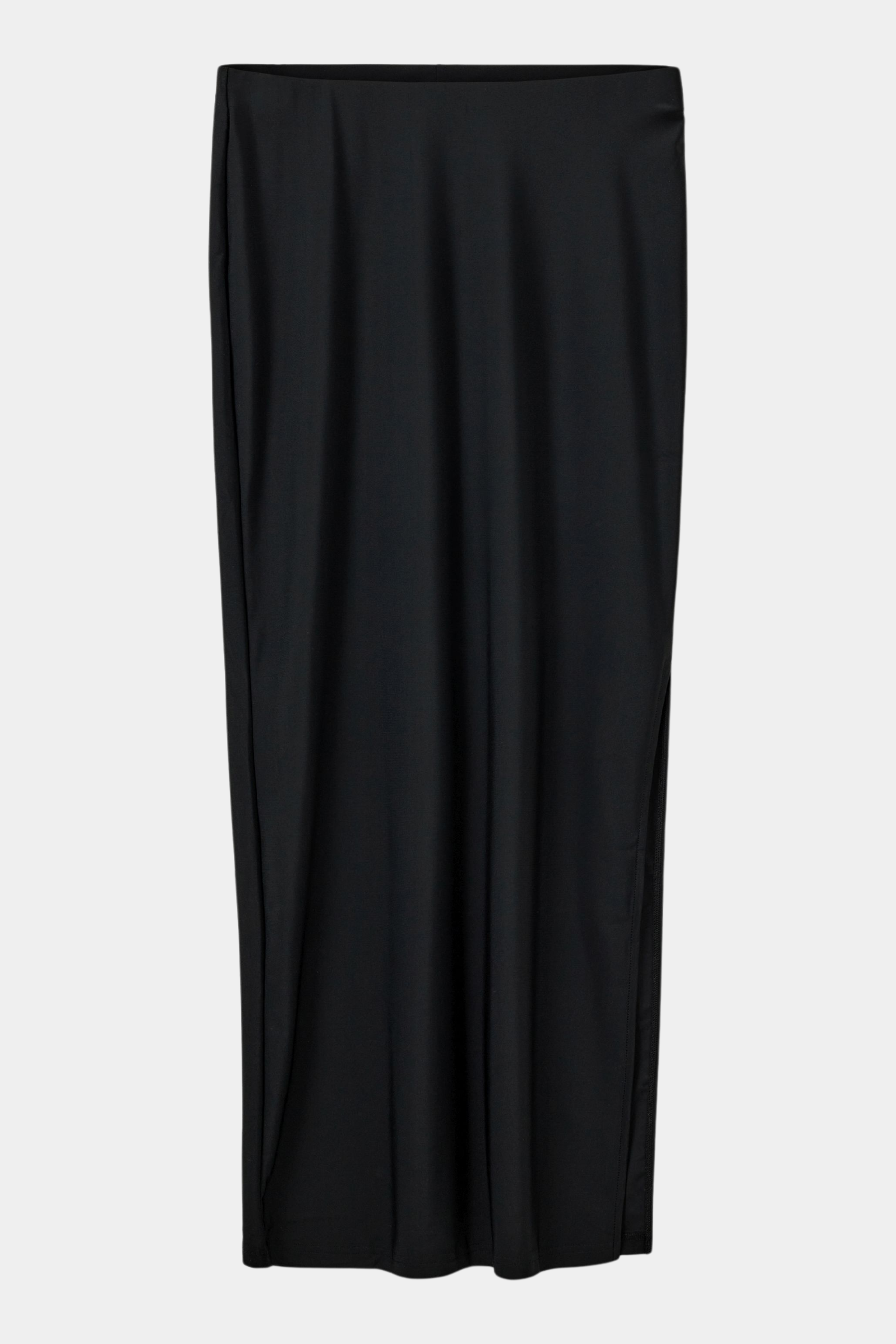 nederdel, skirt, maxi, maxiskirt, lang, long, sort, black, shiny, satin, sateen, stretch, stretchy, elastik, stræk, blød, soft, hverdag, fin, fest, staple, basic, basis, elegant, feminin, sommer, kvinde, dame, woman