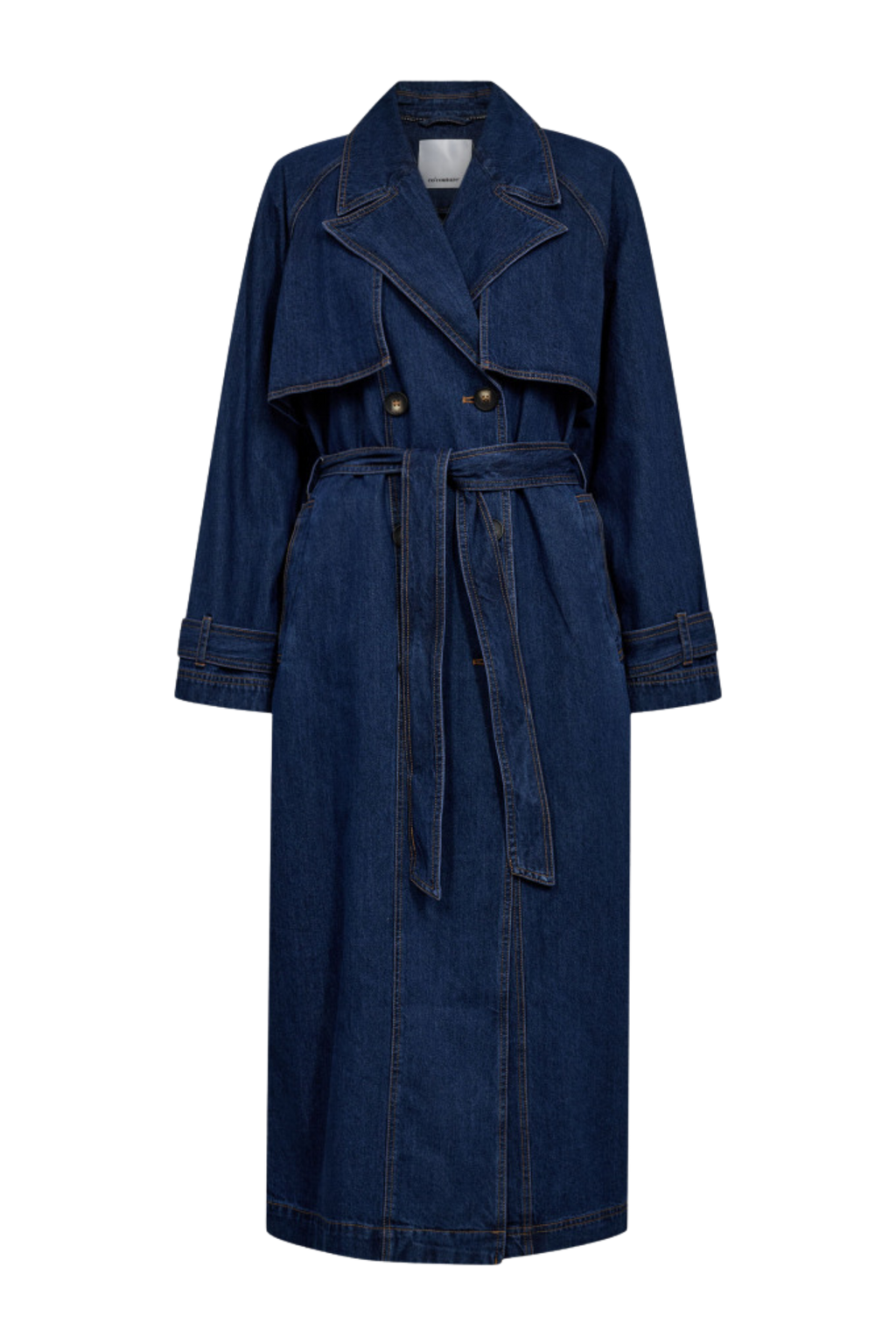 Jakke, frakke, denim, cowboy, jeans, lang, tung, bindebånd, knapper, Fin, smuk, elegant, klassisk, staple, feminin, pæn, rå, cool, sej, unik, musthave, hverdag, fest, kvinde, dame, woman
