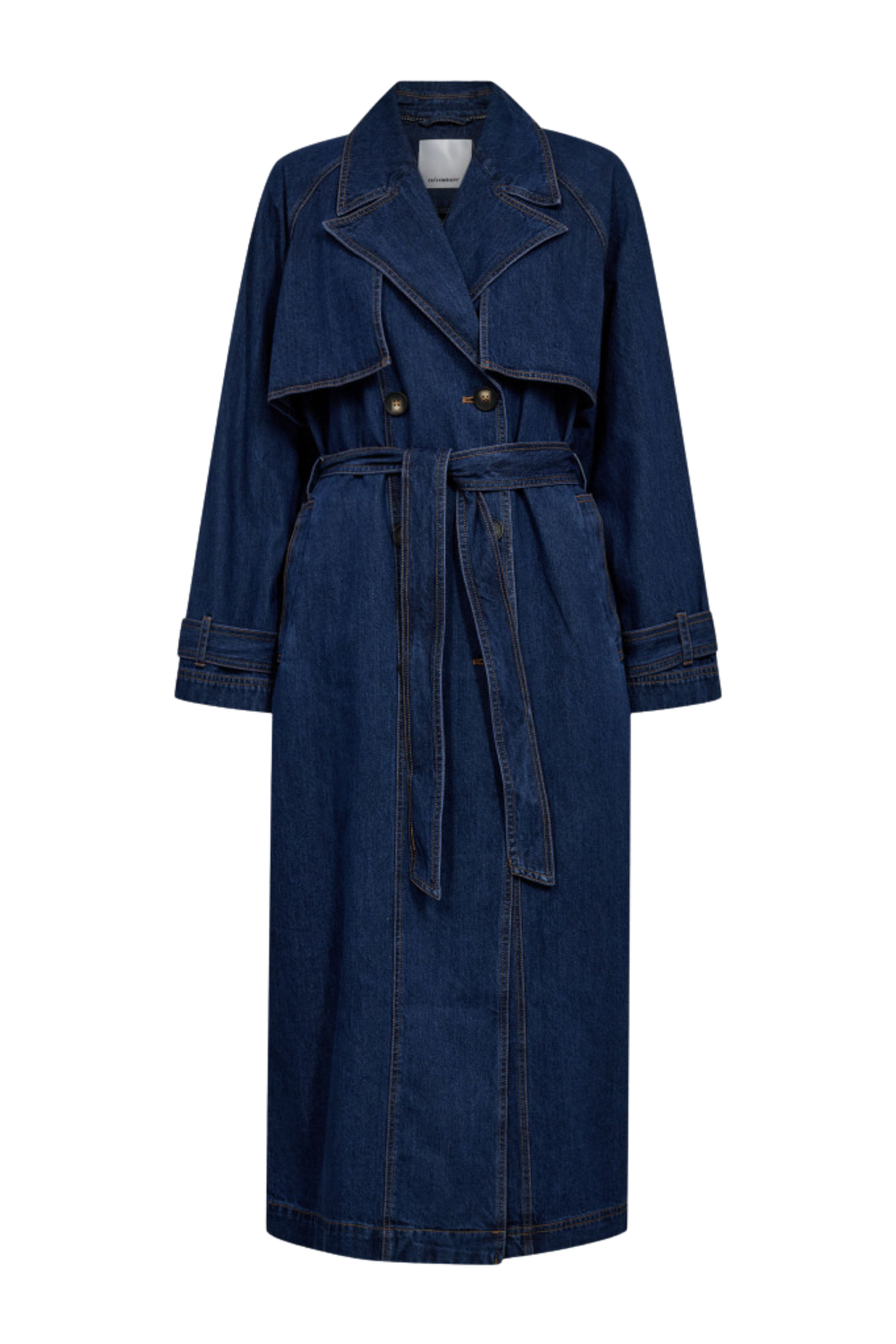 Jakke, frakke, denim, cowboy, jeans, lang, tung, bindebånd, knapper, Fin, smuk, elegant, klassisk, staple, feminin, pæn, rå, cool, sej, unik, musthave, hverdag, fest, kvinde, dame, woman
