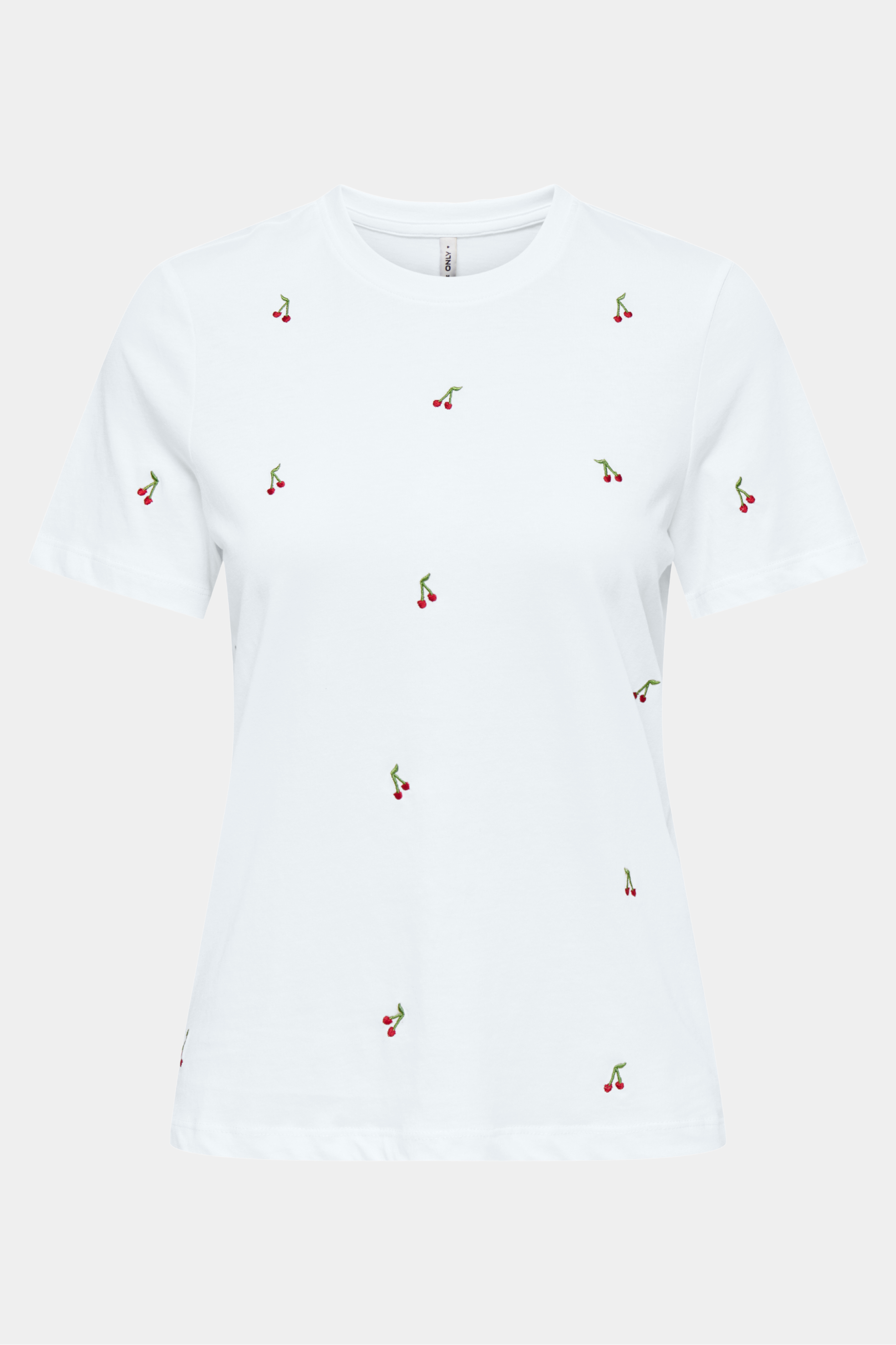 tee, t-shirt, bluse, broderet, broderi, frugter, cherry, kirsebær, Fin, smuk, elegant, klassisk, staple, feminin, pæn, rå, cool, sej, unik, musthave, hverdag, fest, kvinde, dame, woman
