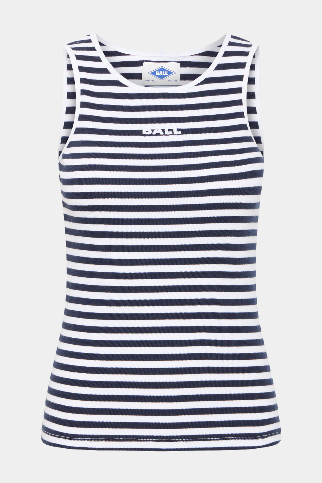 top, tanktop, tank, bryderryg, stribet, striber, stripe, hvid, navy, mørkeblå, logo, sporty, broderi, Fin, smuk, elegant, klassisk, feminin, pæn, rå, cool, sej, unik, musthave, hverdag, fest, workout, træning, kvinde, dame, woman