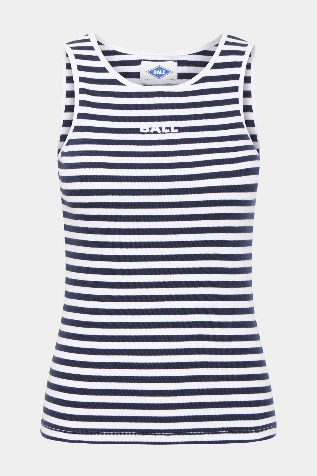 top, tanktop, tank, bryderryg, stribet, striber, stripe, hvid, navy, mørkeblå, logo, sporty, broderi, Fin, smuk, elegant, klassisk, feminin, pæn, rå, cool, sej, unik, musthave, hverdag, fest, workout, træning, kvinde, dame, woman