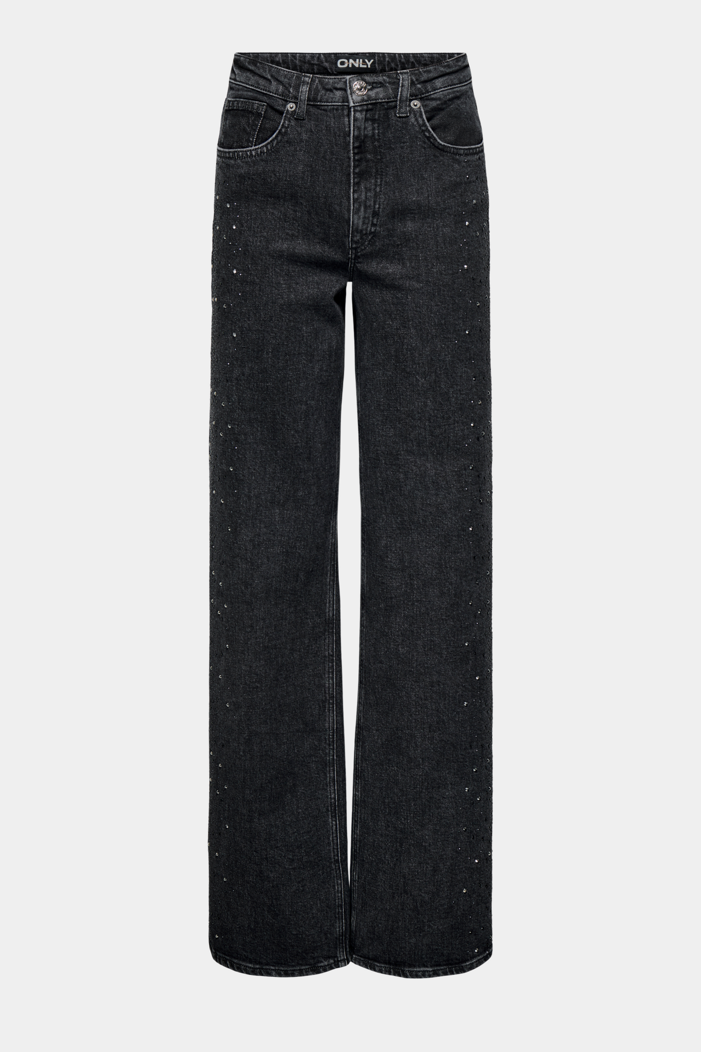 Fin, smuk, elegant, klassisk, staple, feminin, pæn, rå, cool, sej, unik, musthave, hverdag, fest, kvinde, dame, woman, jeans, denim, cowboy, grå, grey, mørkegrå, washed, vasket, sort, sten, rhinsten, rhinestone, højtaljet, high waist, wide, vidde, vid, bred