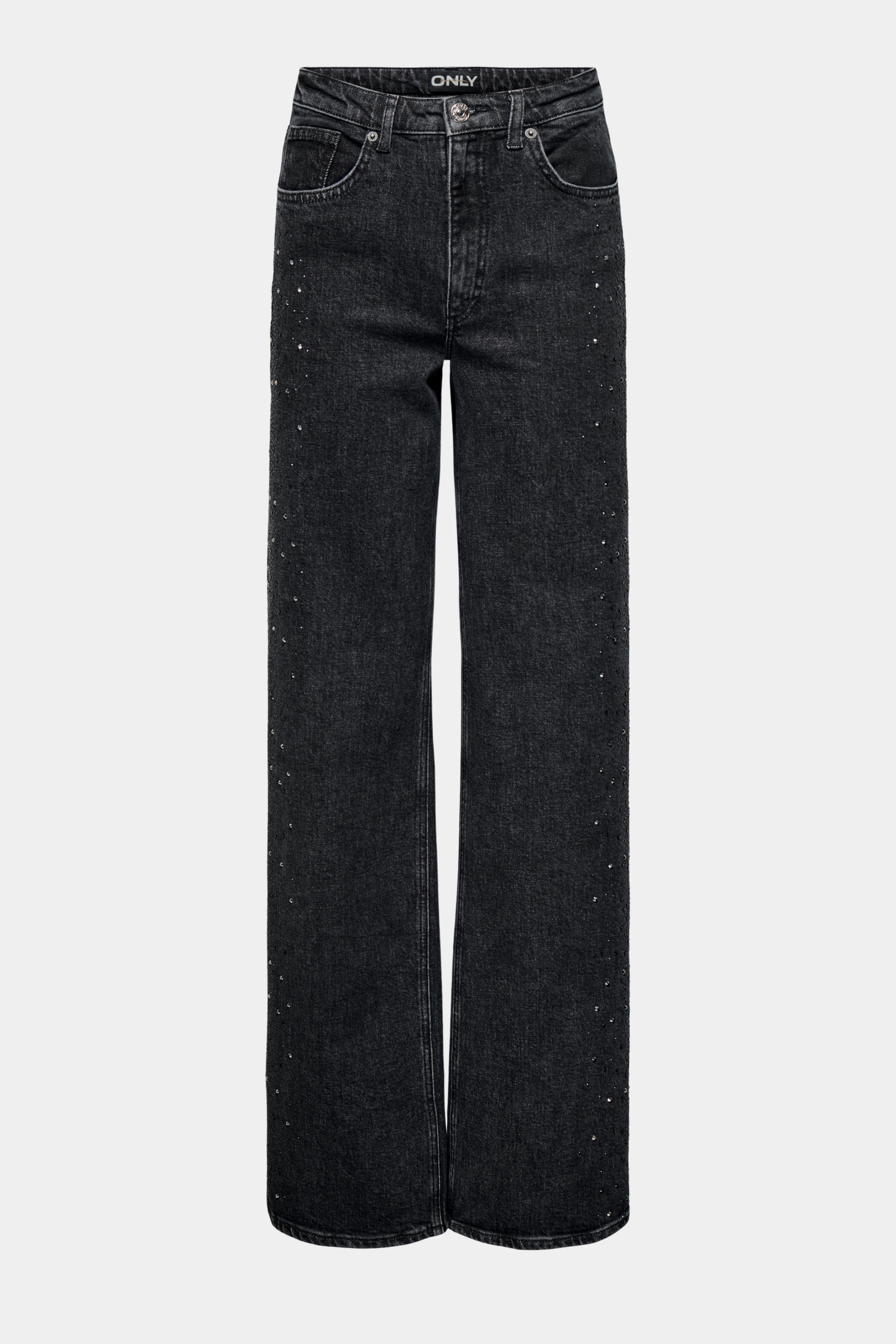 Fin, smuk, elegant, klassisk, staple, feminin, pæn, rå, cool, sej, unik, musthave, hverdag, fest, kvinde, dame, woman, jeans, denim, cowboy, grå, grey, mørkegrå, washed, vasket, sort, sten, rhinsten, rhinestone, højtaljet, high waist, wide, vidde, vid, bred