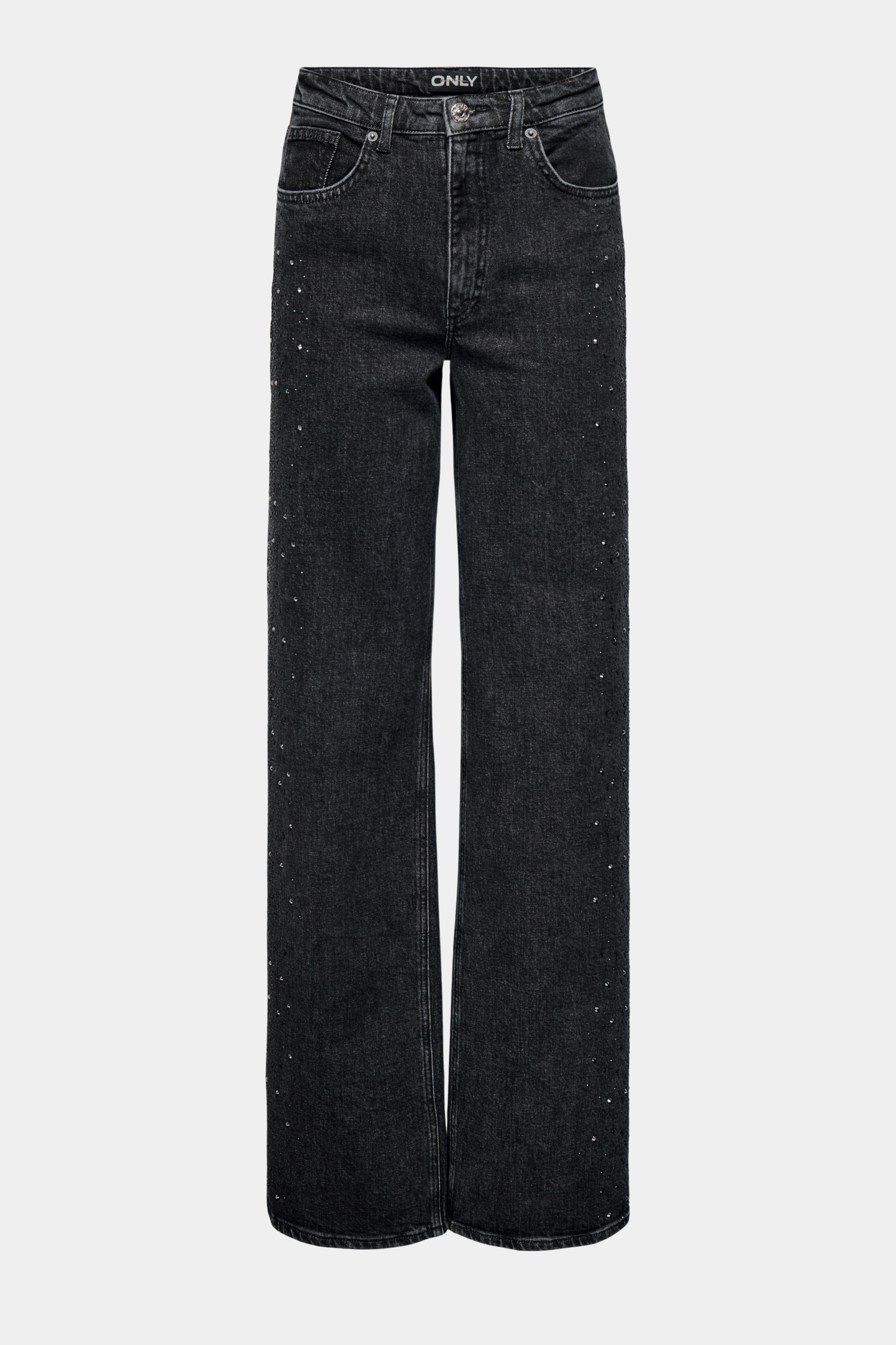 Fin, smuk, elegant, klassisk, staple, feminin, pæn, rå, cool, sej, unik, musthave, hverdag, fest, kvinde, dame, woman, jeans, denim, cowboy, grå, grey, mørkegrå, washed, vasket, sort, sten, rhinsten, rhinestone, højtaljet, high waist, wide, vidde, vid, bred