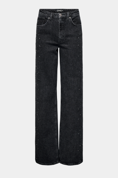 Fin, smuk, elegant, klassisk, staple, feminin, pæn, rå, cool, sej, unik, musthave, hverdag, fest, kvinde, dame, woman, jeans, denim, cowboy, grå, grey, mørkegrå, washed, vasket, sort, sten, rhinsten, rhinestone, højtaljet, high waist, wide, vidde, vid, bred