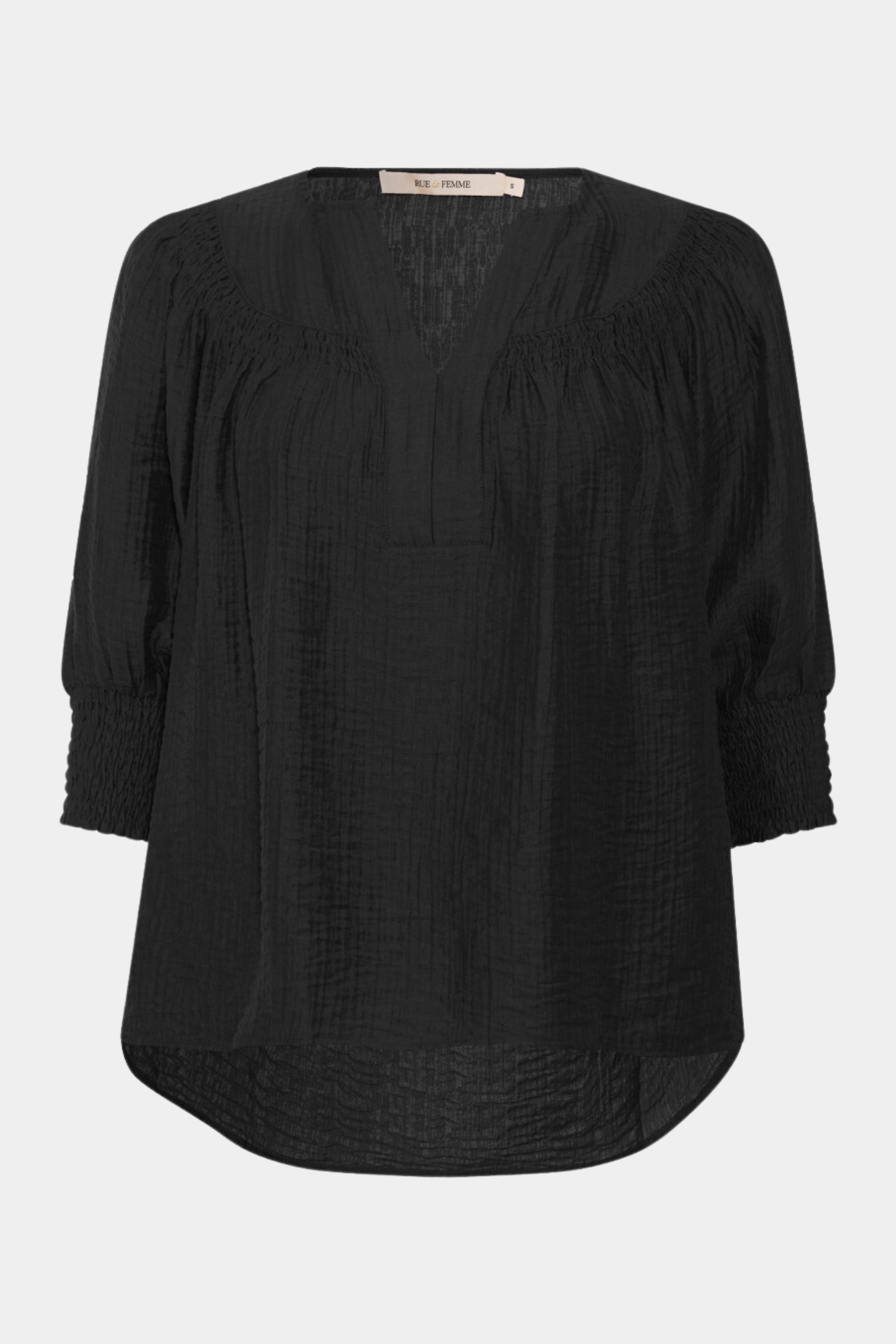 bluse, blouse, shirt, skjorte, skjortebluse, kotærmet, trekvart, smock, løs, loose, let, elegant, v-hals, fin, feminin, sort, black, struktur, mønster, kvinde, dame, woman, fest, hverdag