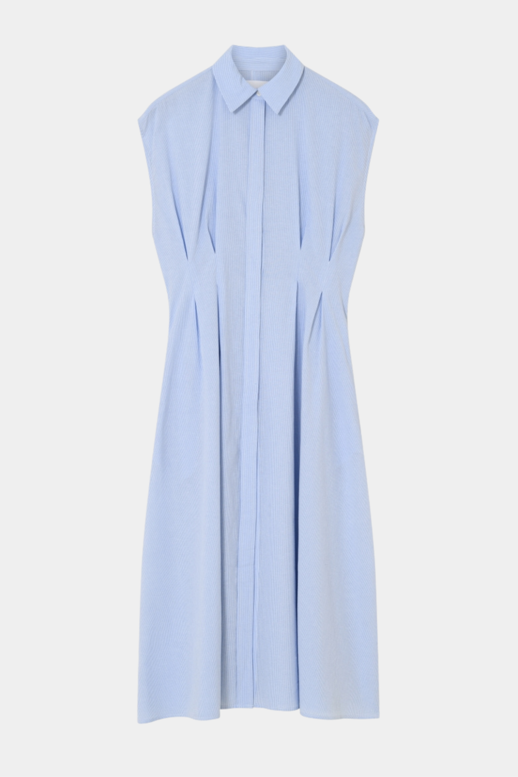 Fin, smuk, elegant, klassisk, staple, feminin, pæn, rå, cool, sej, unik, musthave, hverdag, fest, kvinde, dame, woman, kjole, dress, maxi, midi, stribet, stripe, nålestrib, lyseblå, light blue, summer, sommer, skjortekjole, talje, figursyet, faconsyet, læg, ærmeløs, kortærmet, krave, knapper, stolpelukning, sommerkjole, summerdress